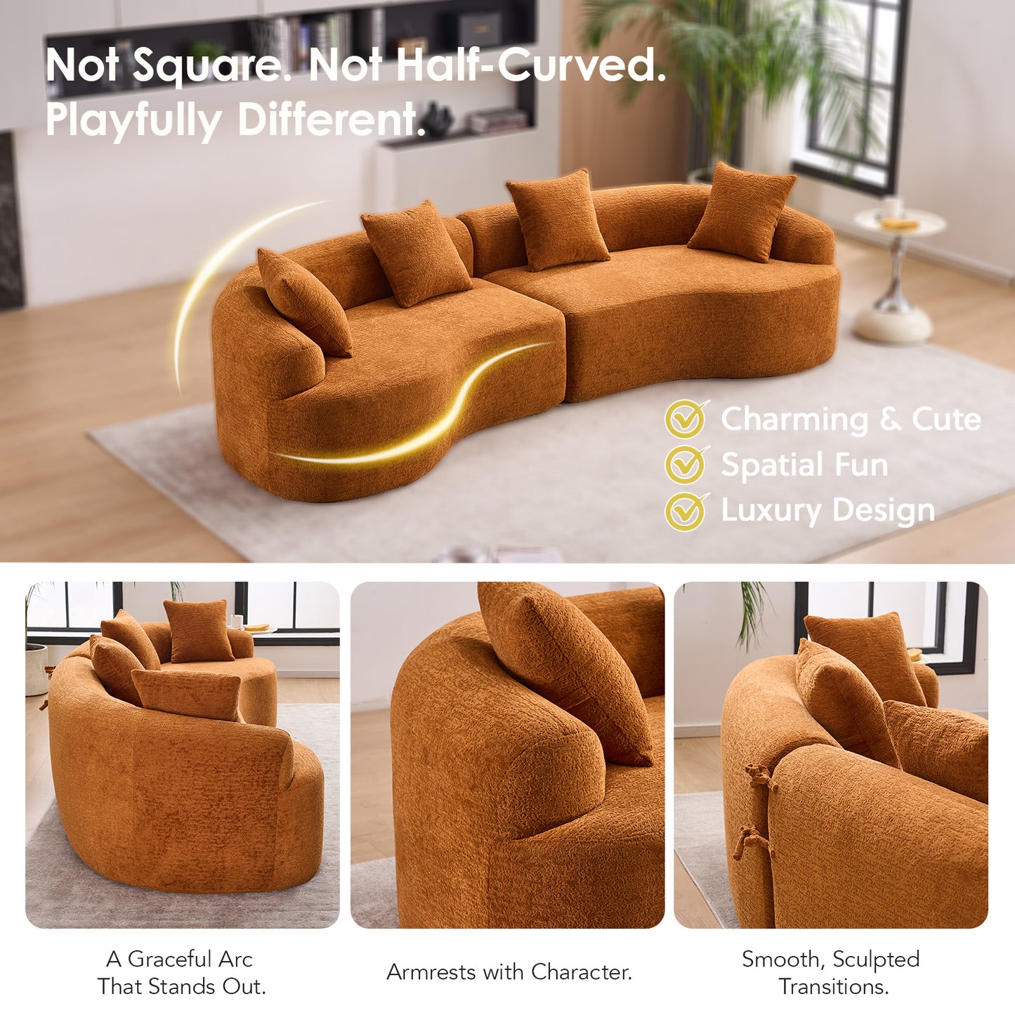 Chenille Spring-Core Compression Sofa — 4-Seat, 110"W — Orange