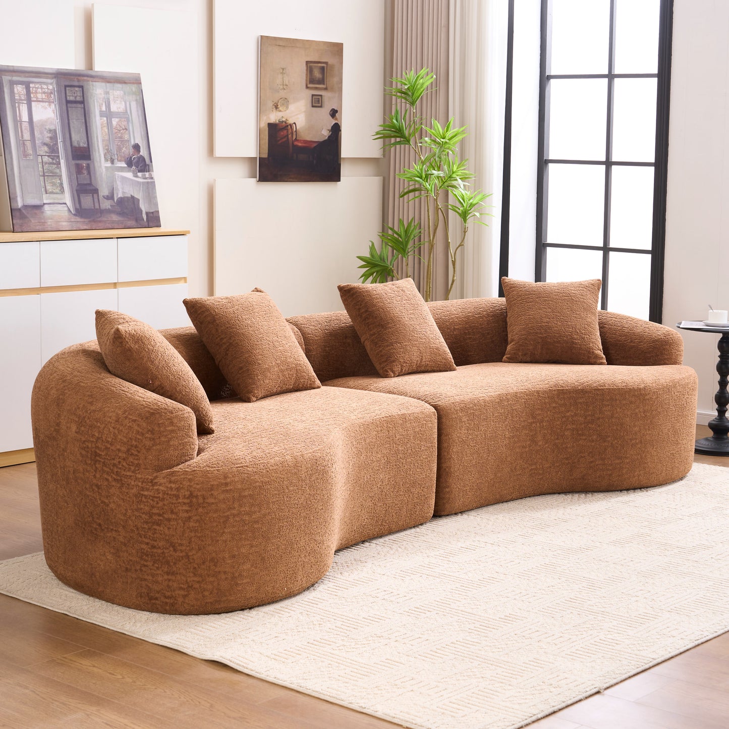 Chenille Spring-Core Compression Sofa — 4-Seat, 110"W — Caramel