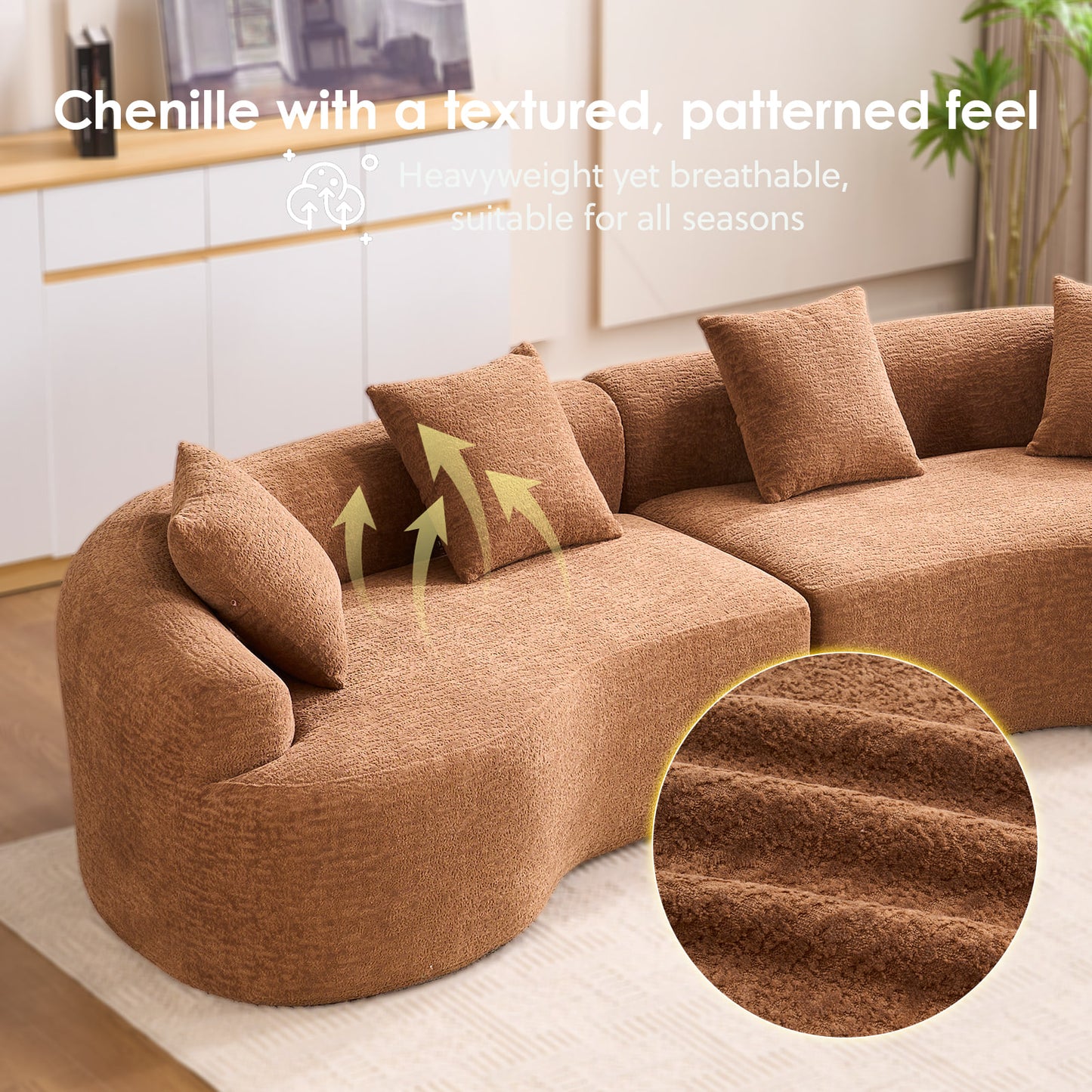 Chenille Spring-Core Compression Sofa — 4-Seat, 110"W — Caramel