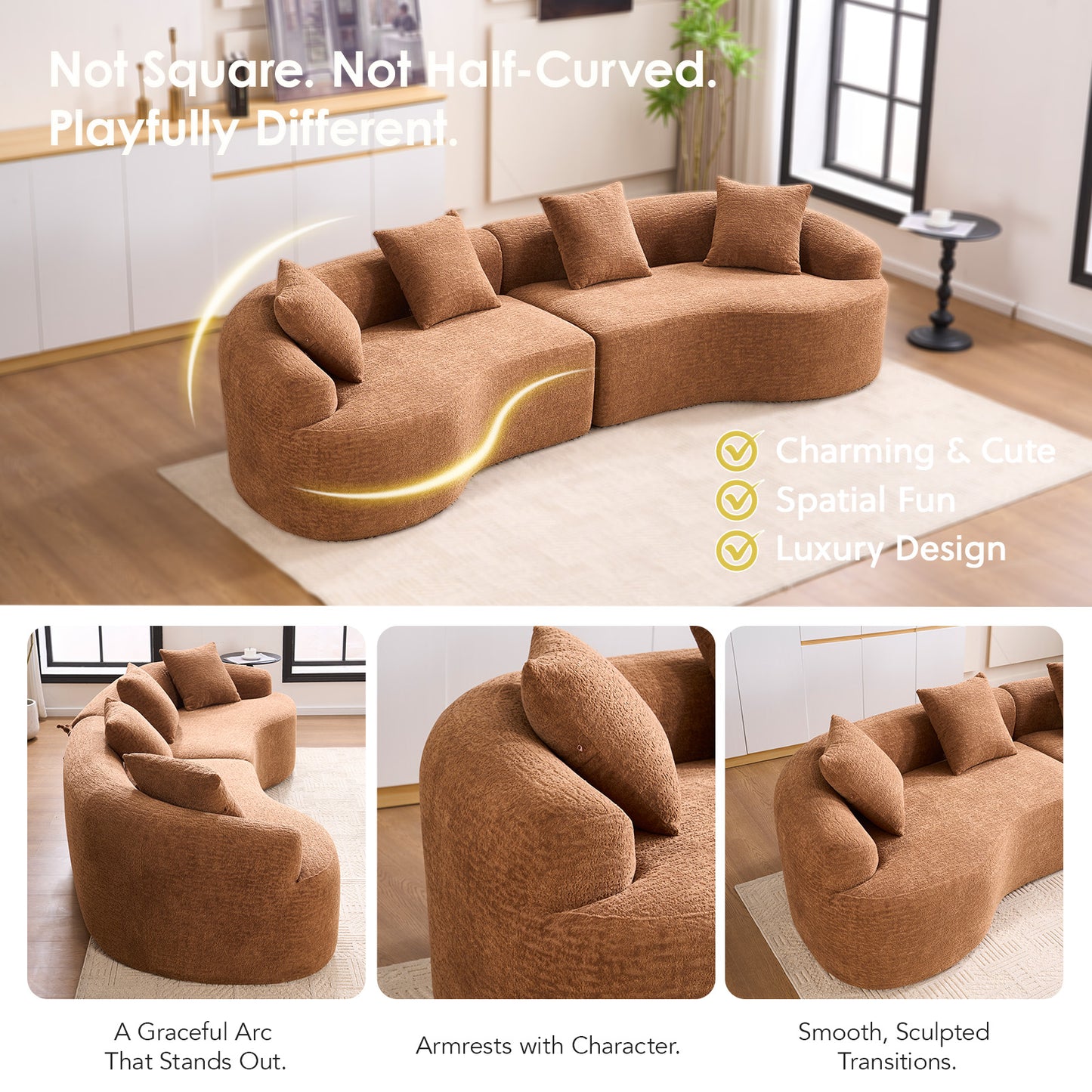 Chenille Spring-Core Compression Sofa — 4-Seat, 110"W — Caramel