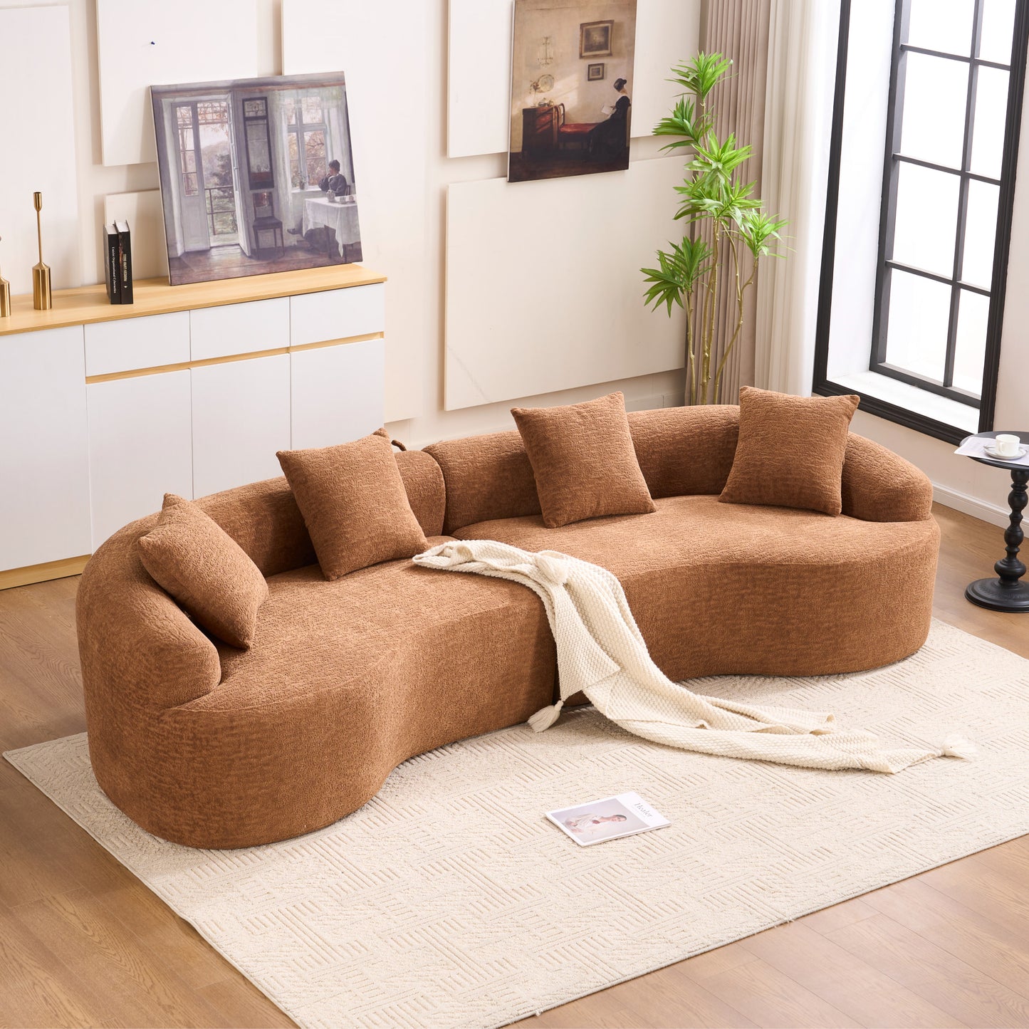 Chenille Spring-Core Compression Sofa — 4-Seat, 110"W — Caramel
