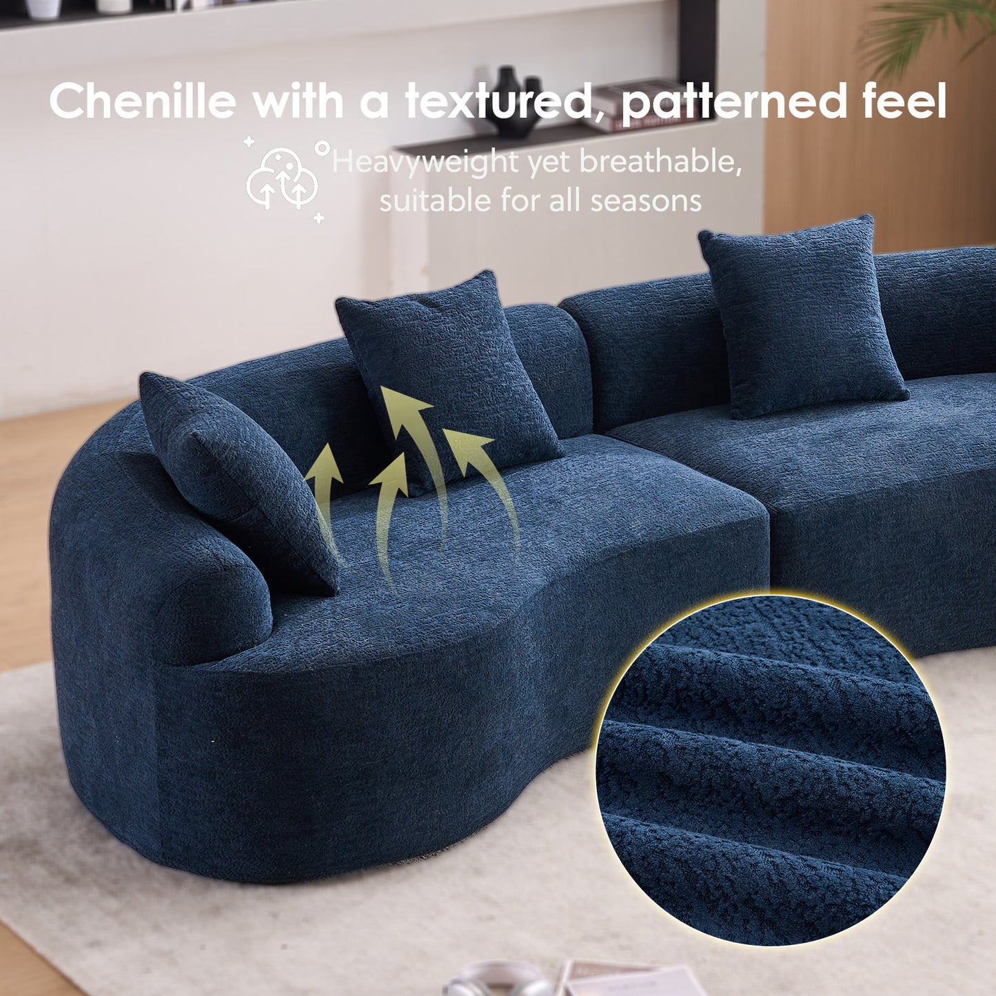 Chenille Spring-Core Compression Sofa — 4-Seat, 110"W — Antique Blue