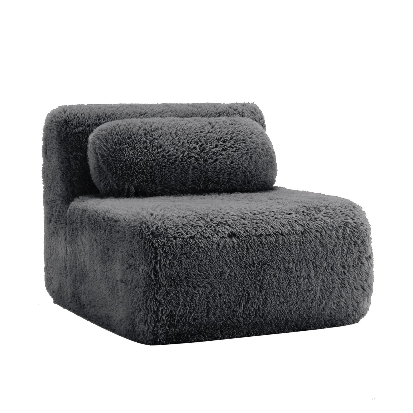 Dark grey plush boneless accent chair, single armless module with bolster pillow, 45-degree view — Dark Grey