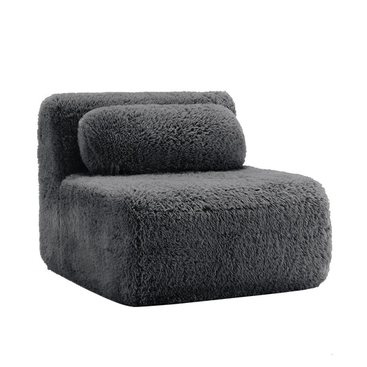 Dark grey plush boneless accent chair, single armless module with bolster pillow, 45-degree view — Dark Grey