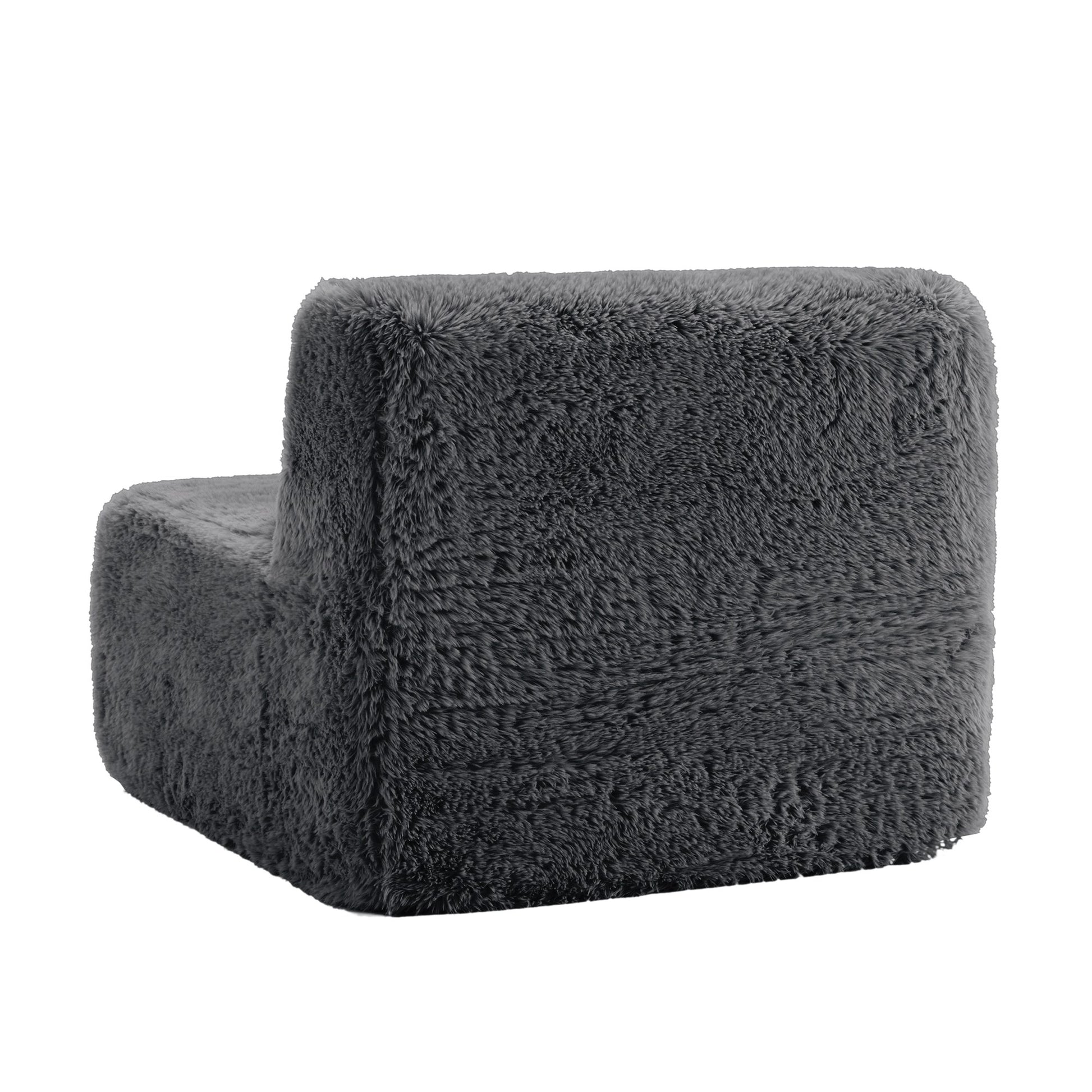 Dark grey plush boneless accent chair from behind, finished back panel — Dark Grey
