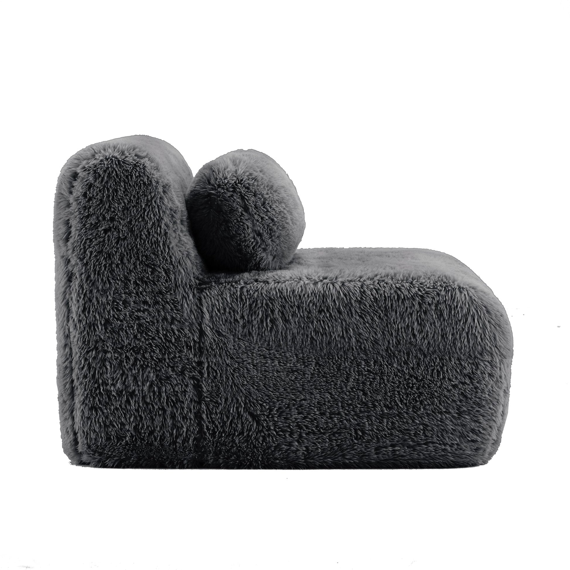 Dark grey plush boneless accent chair from the side, showing seat depth and back height — Dark Grey