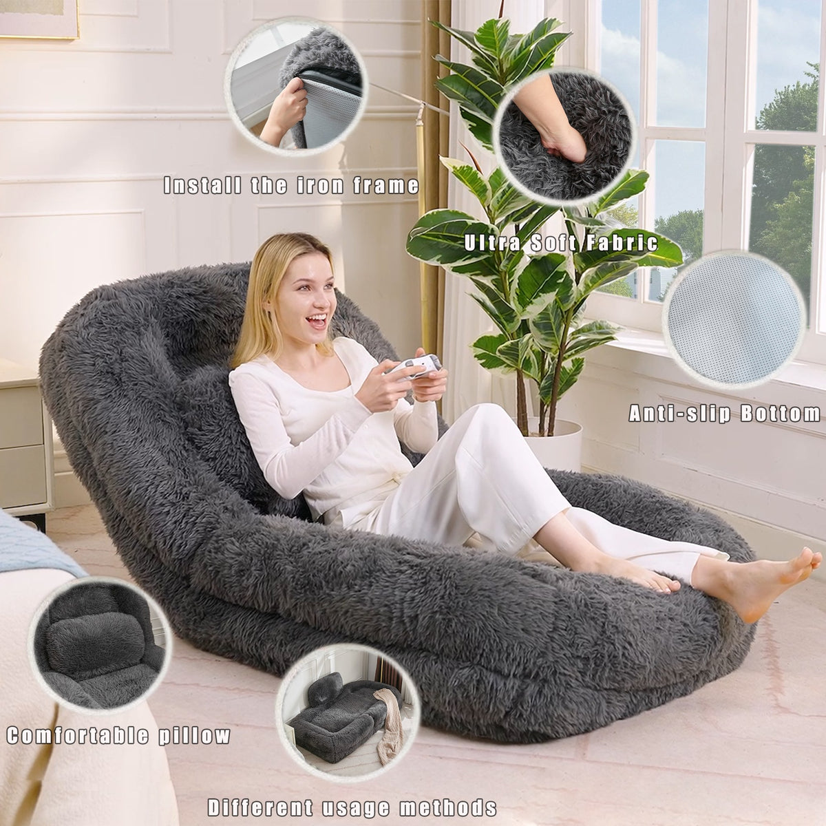 Plush Boneless Couch — 1-Seat — Dark Gray