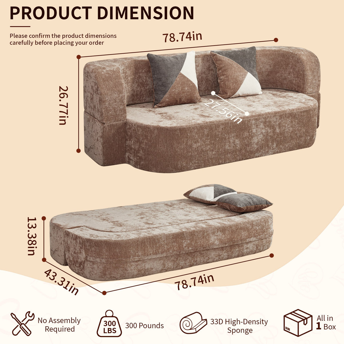 Plush Boneless Sofa Bed — 2-Seat — Beige