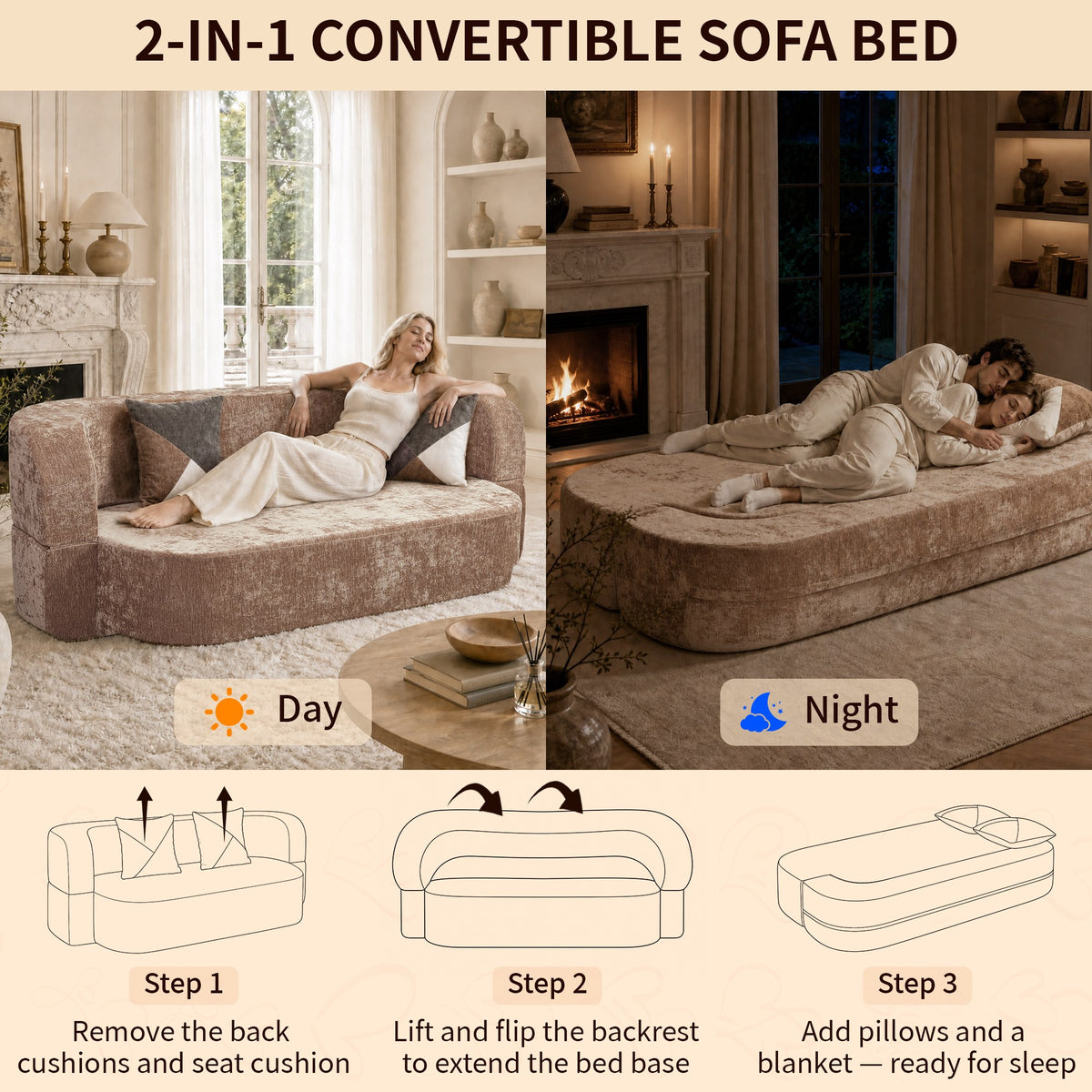 Plush Boneless Sofa Bed — 2-Seat — Beige