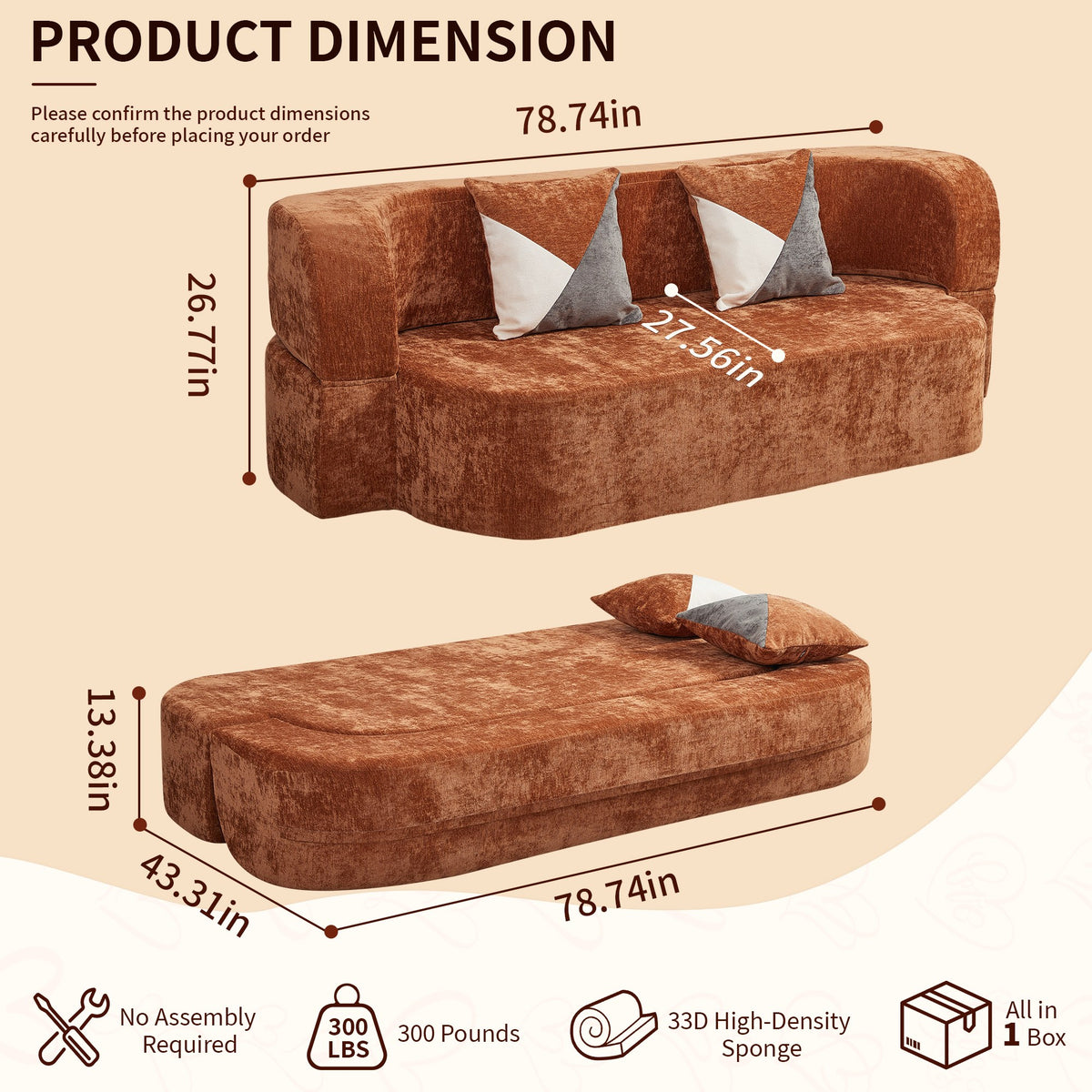 Plush Boneless Sofa Bed — 2-Seat — Brown