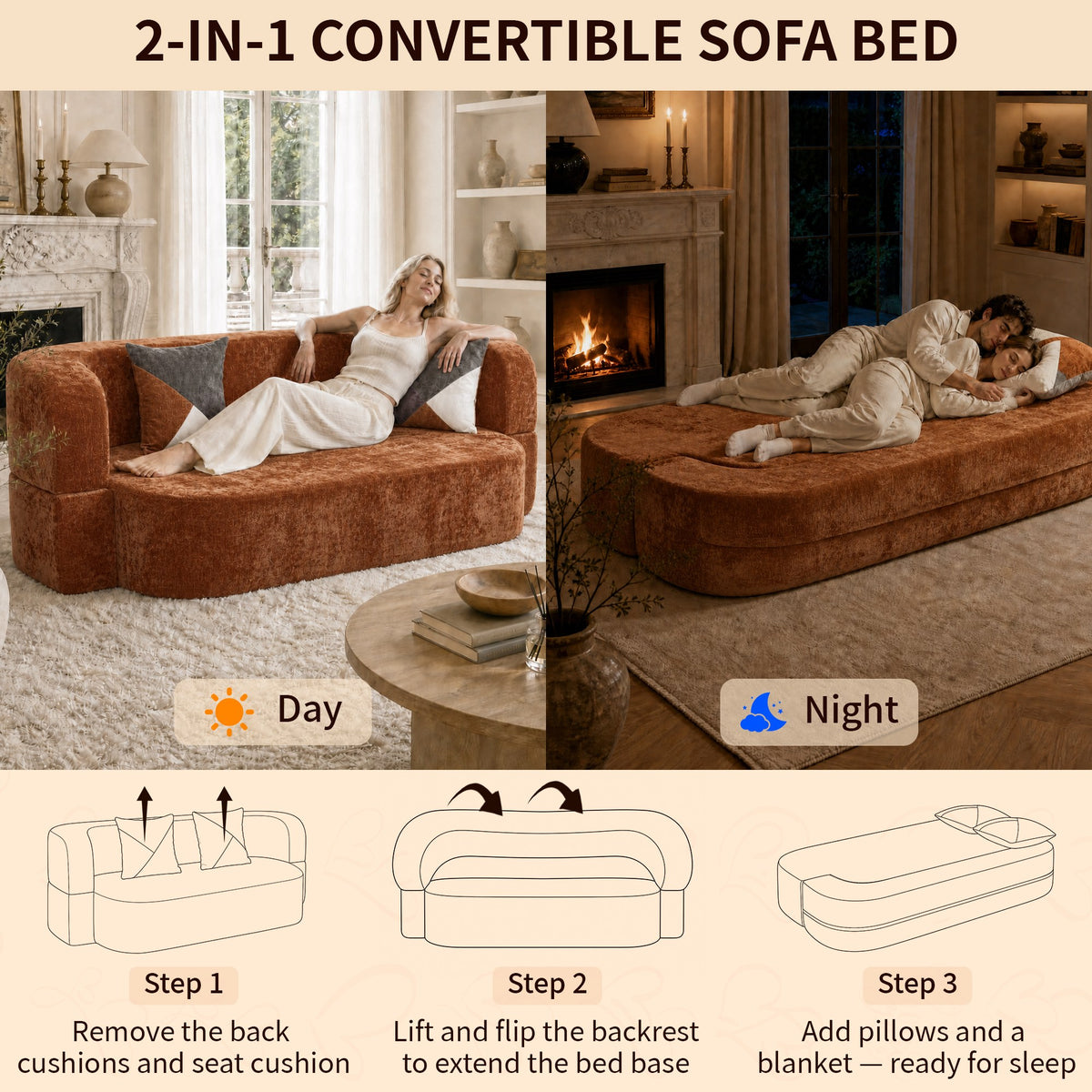 Plush Boneless Sofa Bed — 2-Seat — Brown