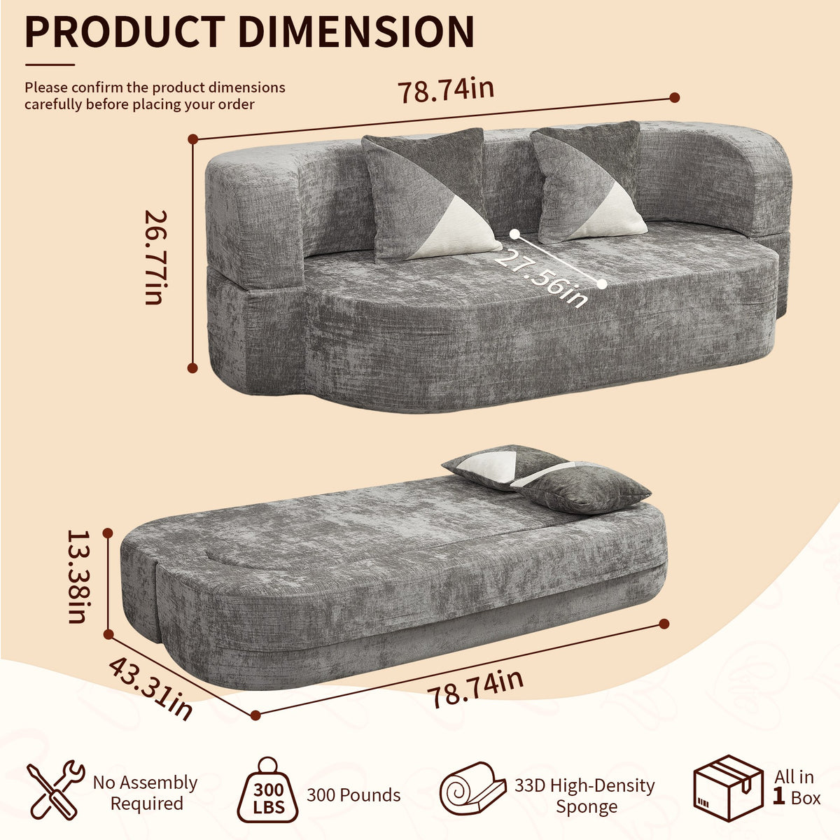 Plush Boneless Sofa Bed — 2-Seat — Charcoal Grey