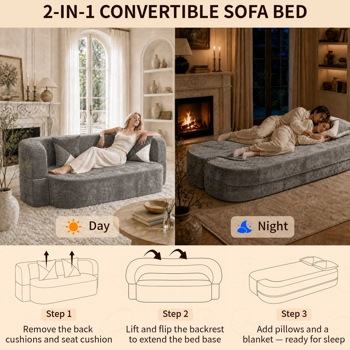 Plush Boneless Sofa Bed — 2-Seat — Charcoal Grey