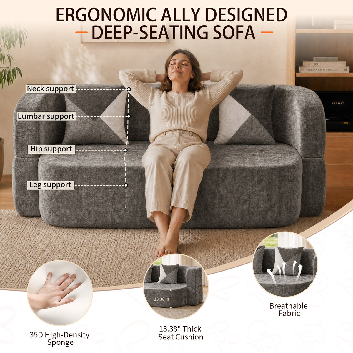 Plush Boneless Sofa Bed — 2-Seat — Charcoal Grey