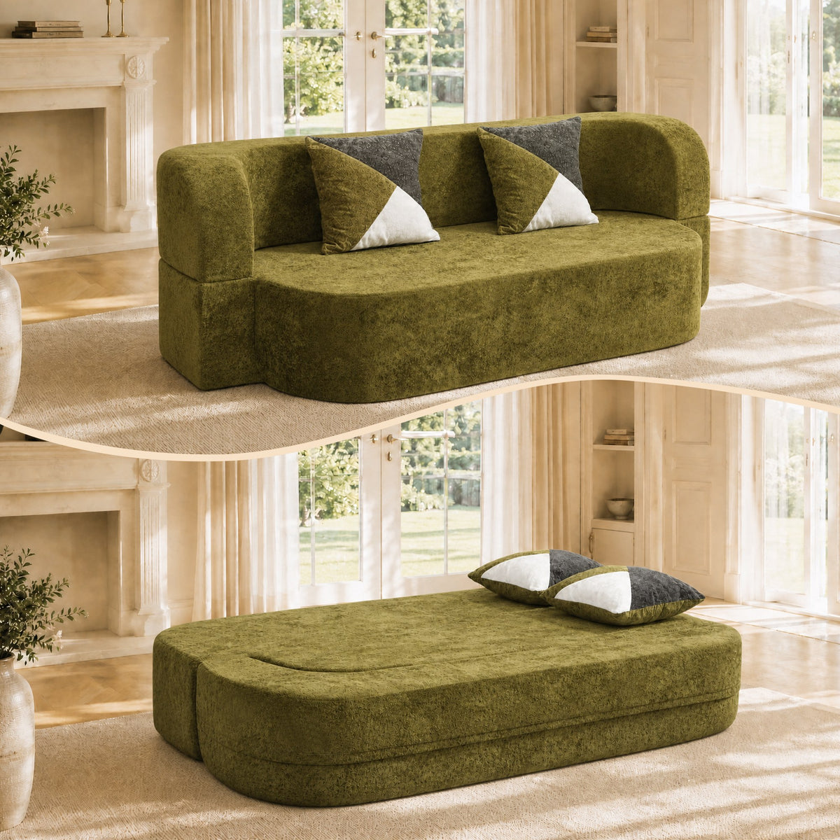 Plush Boneless Sofa Bed — 2-Seat — Olive Green
