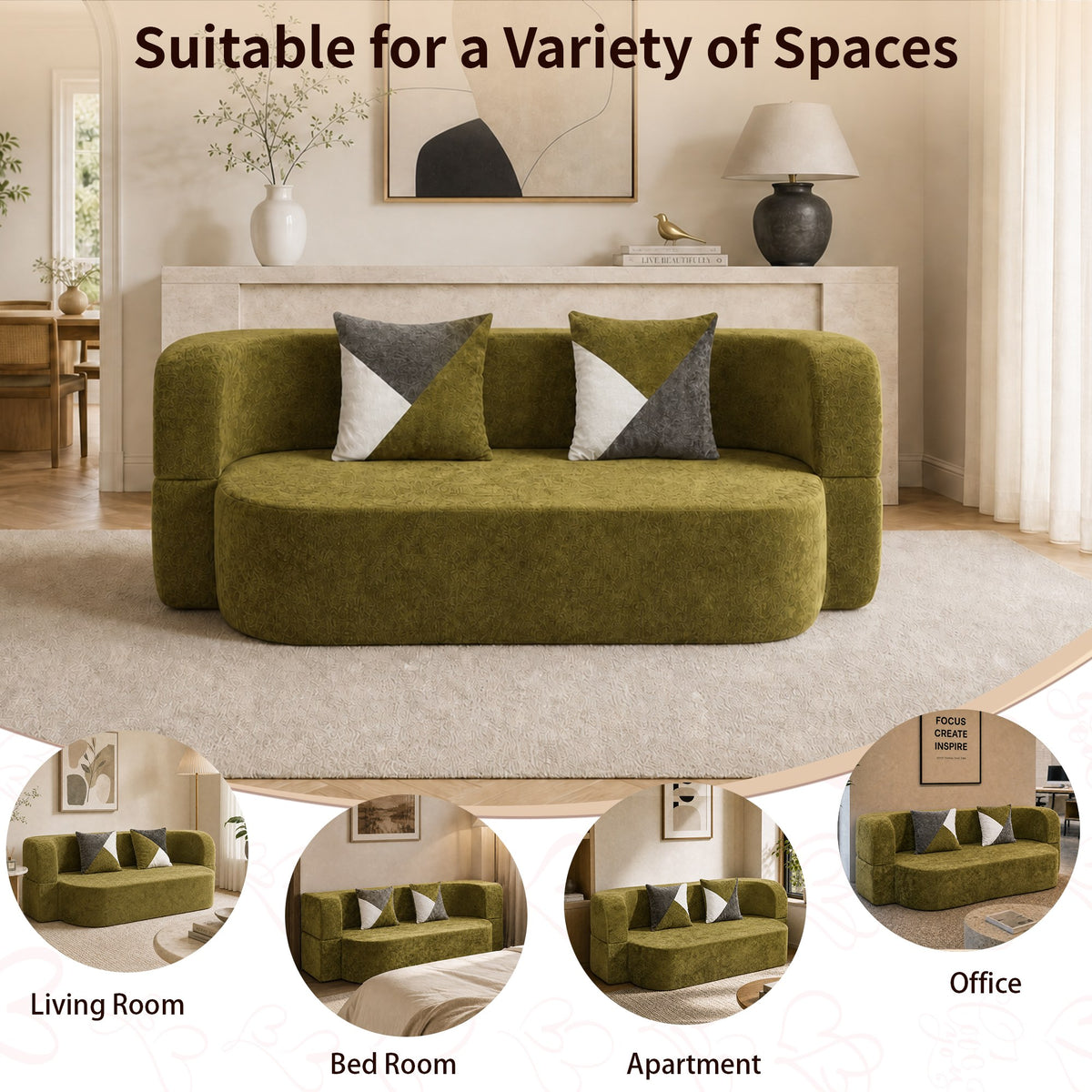 Plush Boneless Sofa Bed — 2-Seat — Olive Green