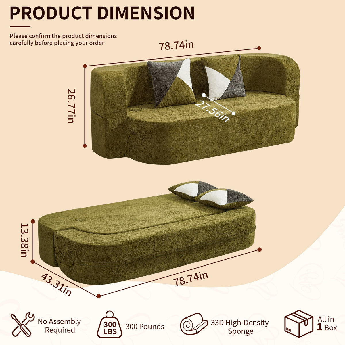 Plush Boneless Sofa Bed — 2-Seat — Olive Green