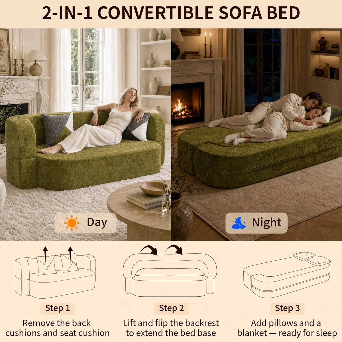 Plush Boneless Sofa Bed — 2-Seat — Olive Green