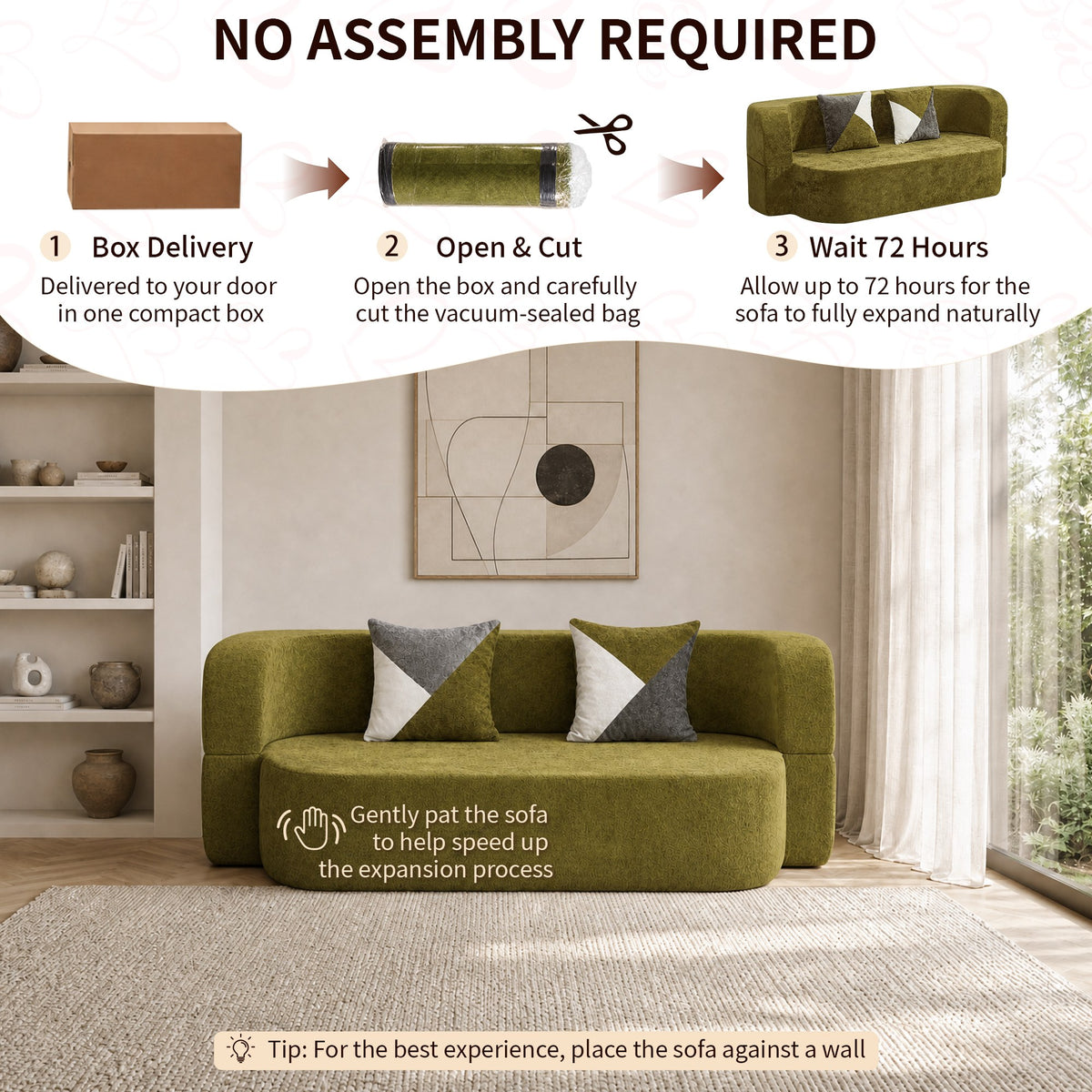 Plush Boneless Sofa Bed — 2-Seat — Olive Green