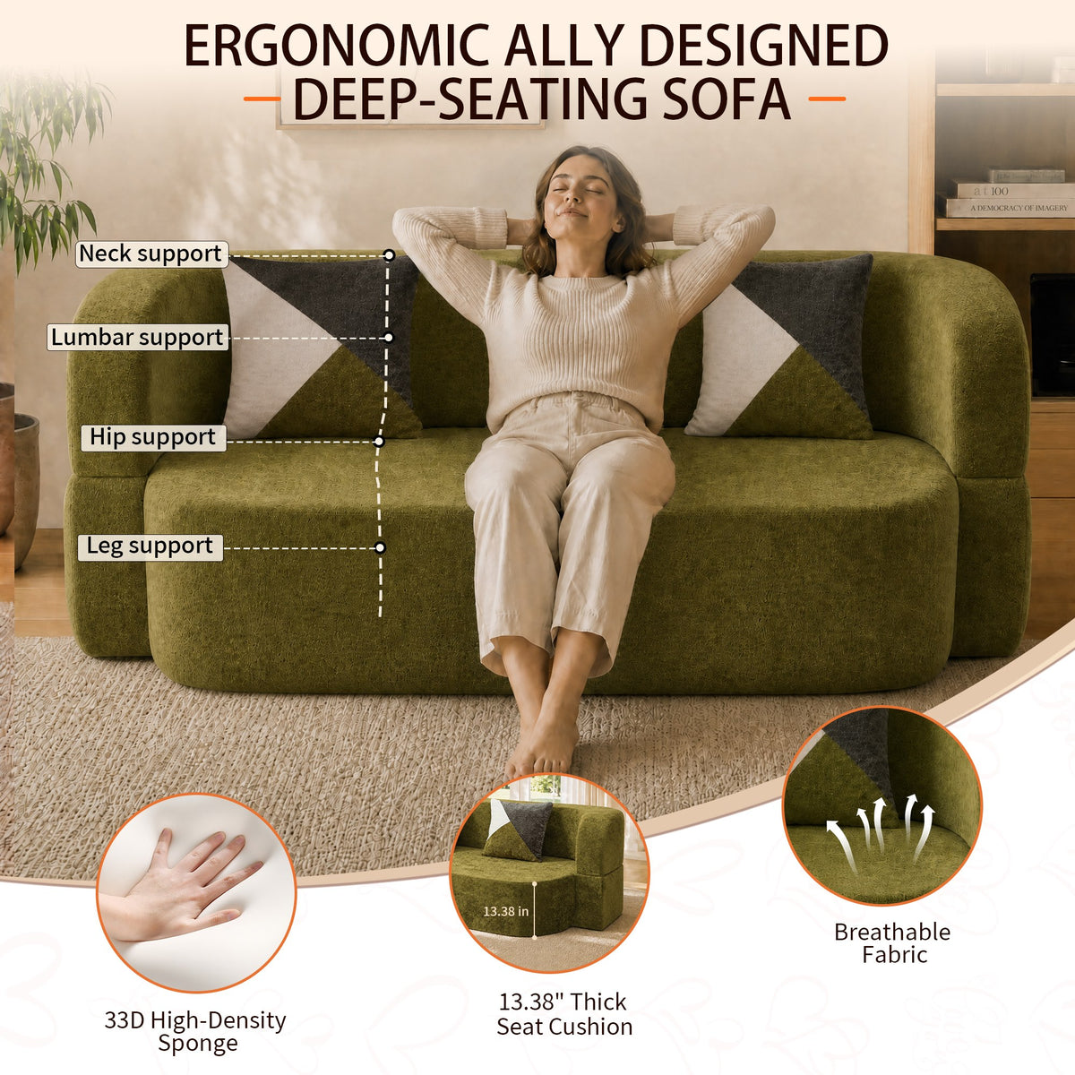 Plush Boneless Sofa Bed — 2-Seat — Olive Green