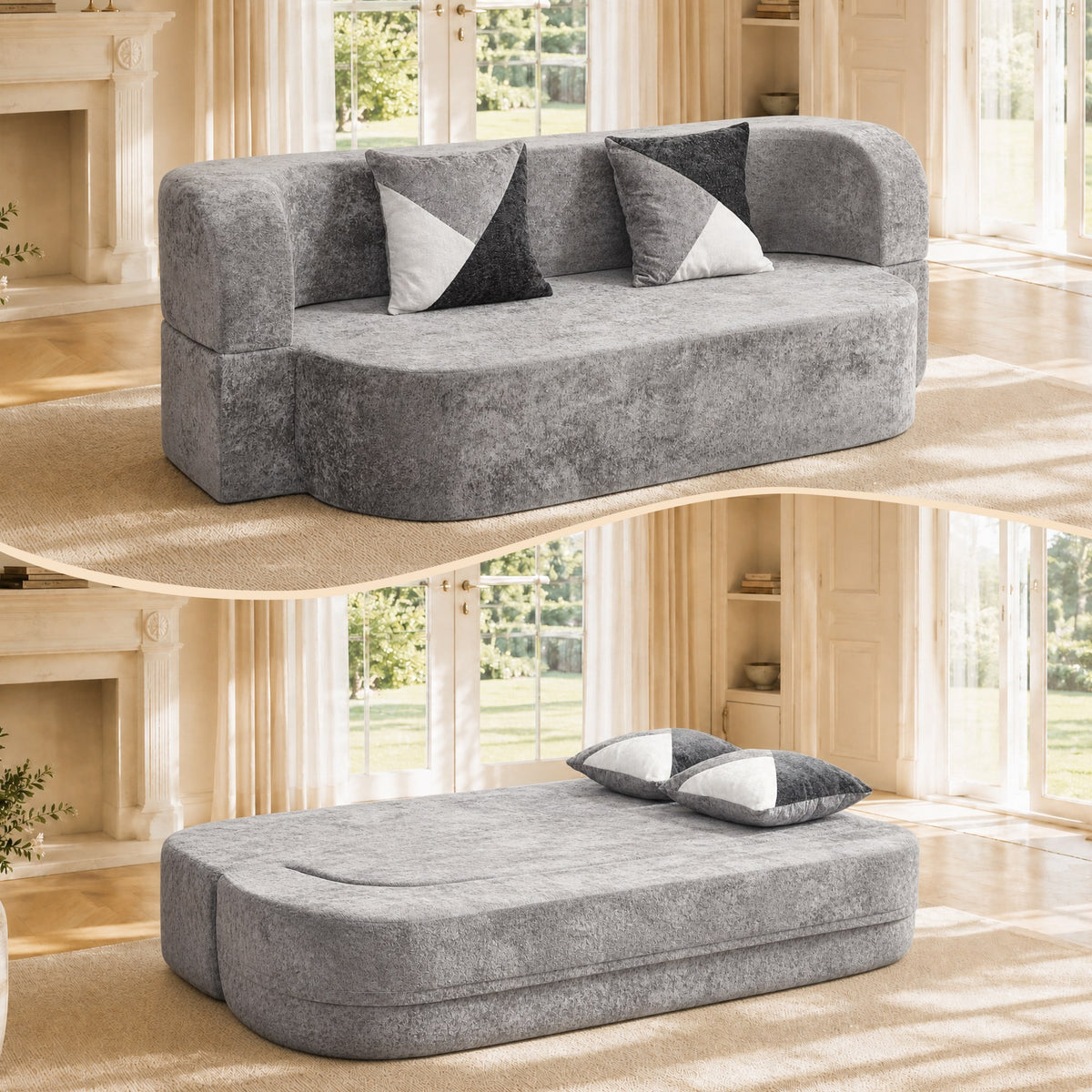 Plush Boneless Sofa Bed — 2-Seat — Silver + Grey