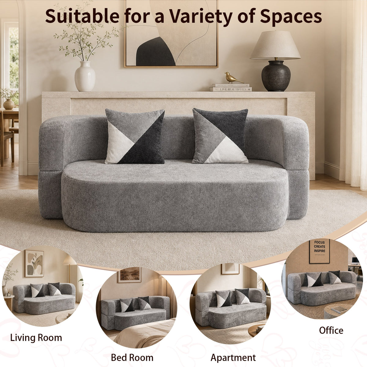 Plush Boneless Sofa Bed — 2-Seat — Silver + Grey