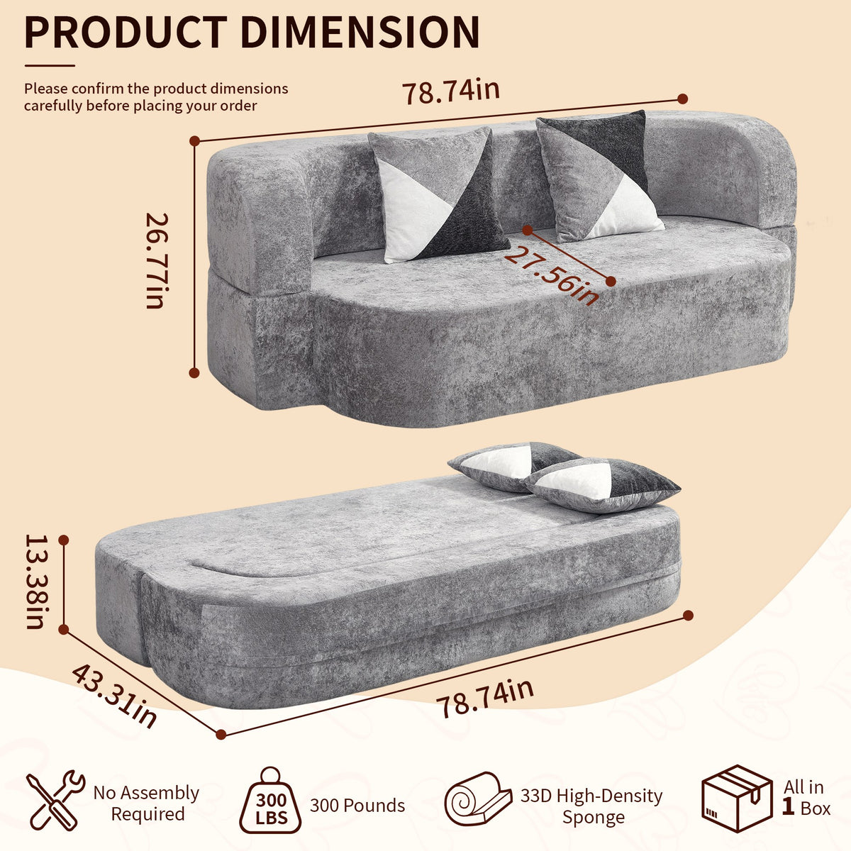 Plush Boneless Sofa Bed — 2-Seat — Silver + Grey