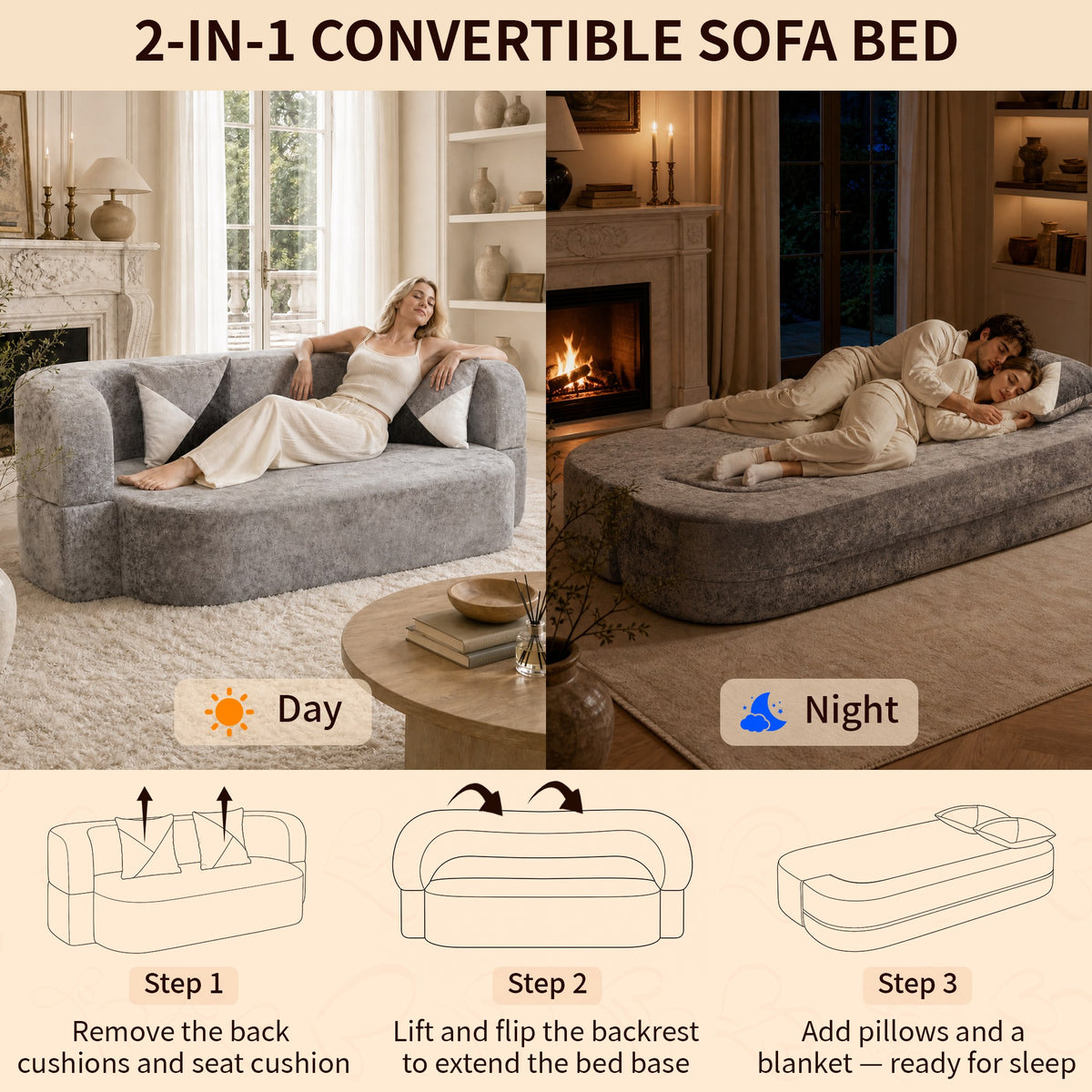 Plush Boneless Sofa Bed — 2-Seat — Silver + Grey