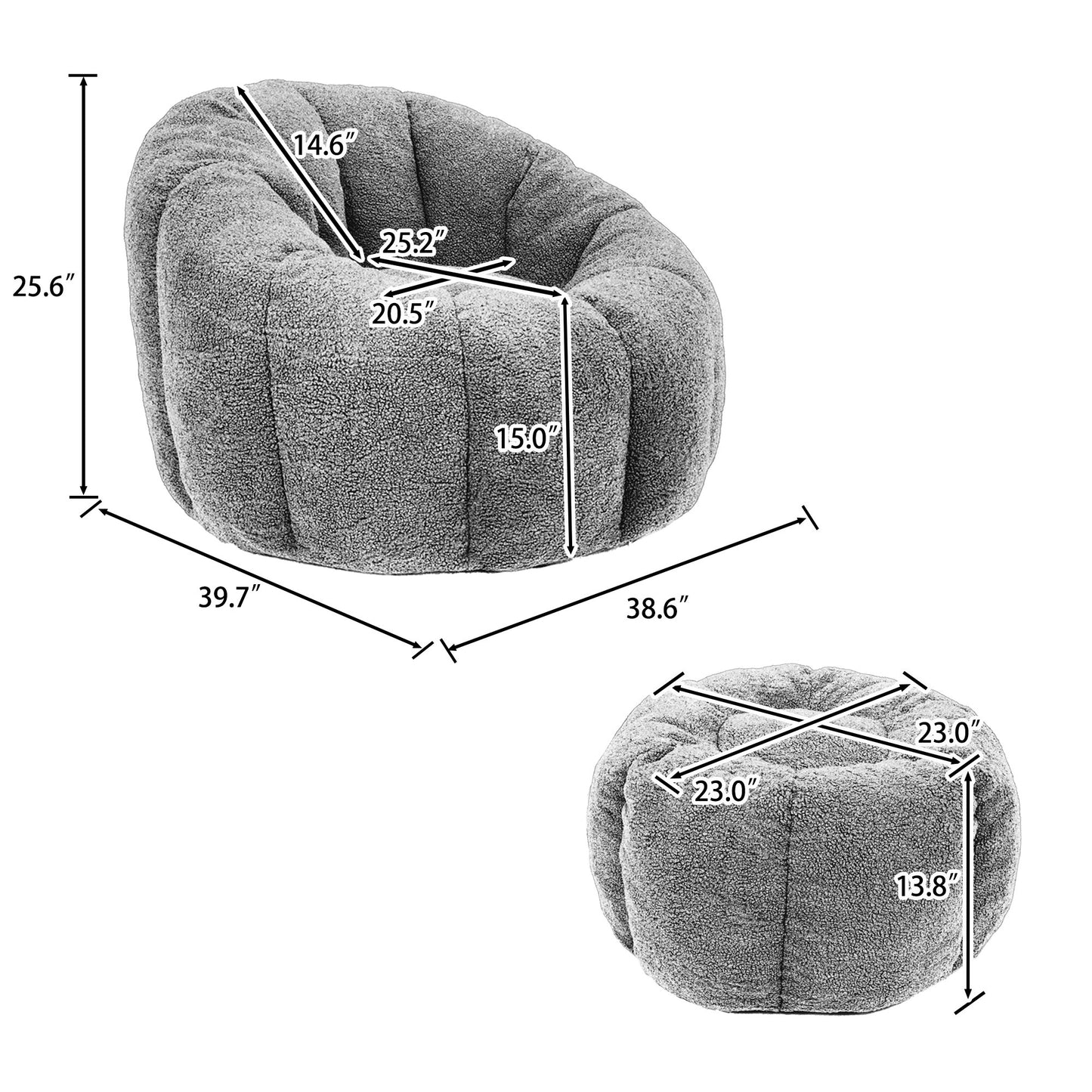 Chair and ottoman dimensions: chair 39.7 by 38.6 by 25.6 inches, ottoman 23 by 23 by 13.8 inches — 1-Seat + 1 Ottoman
