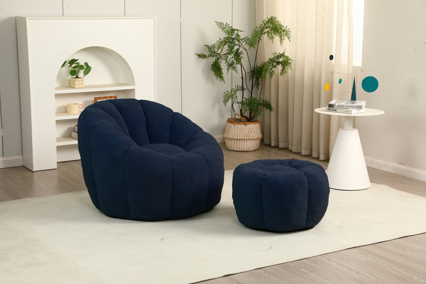 Navy teddy fleece boneless accent chair with matching ottoman in a bright living room — Dark Blue / 1-Seat + 1 Ottoman