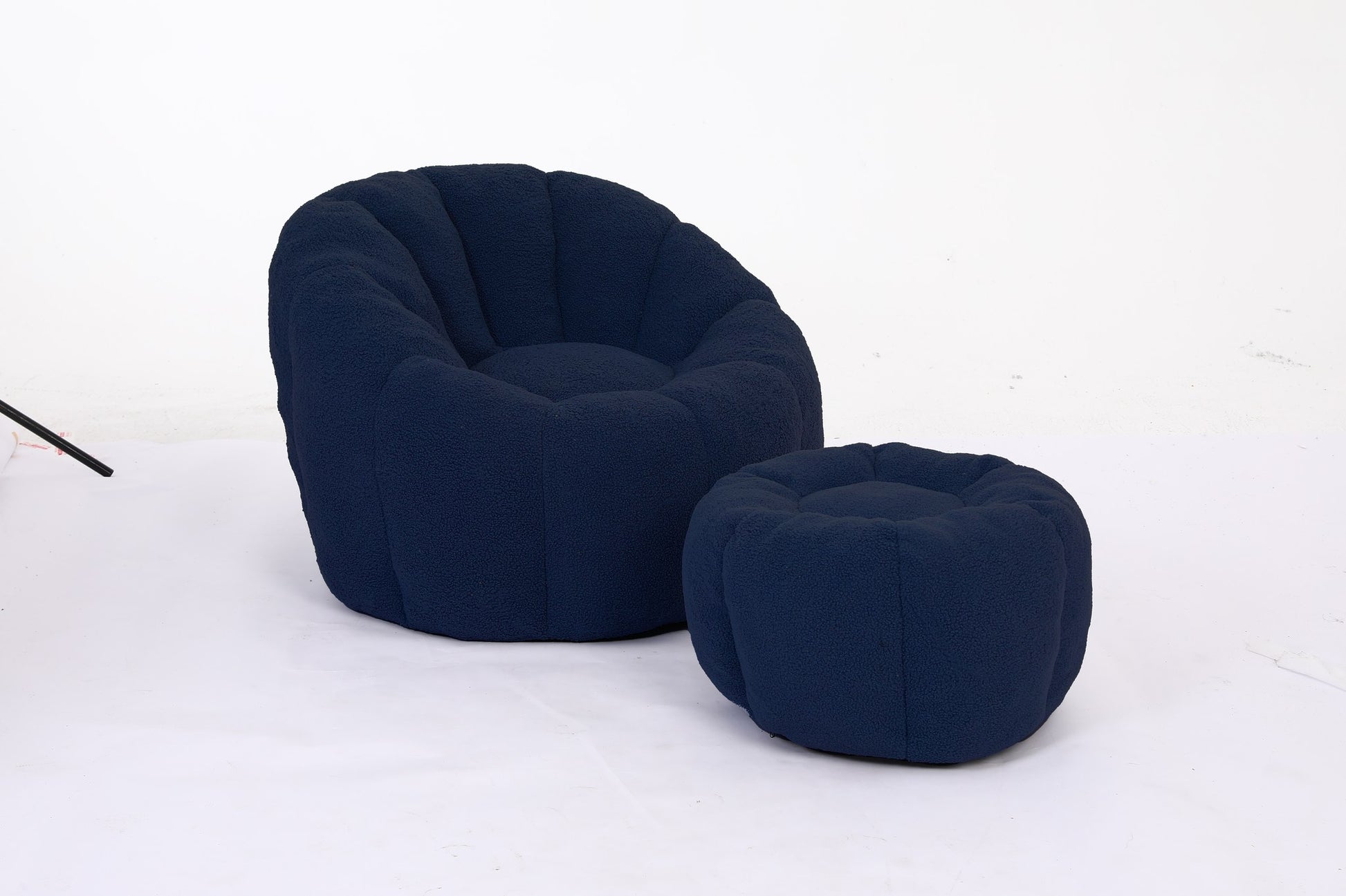 Navy teddy fleece accent chair with its ottoman, front three-quarter studio view — Dark Blue / 1-Seat + 1 Ottoman