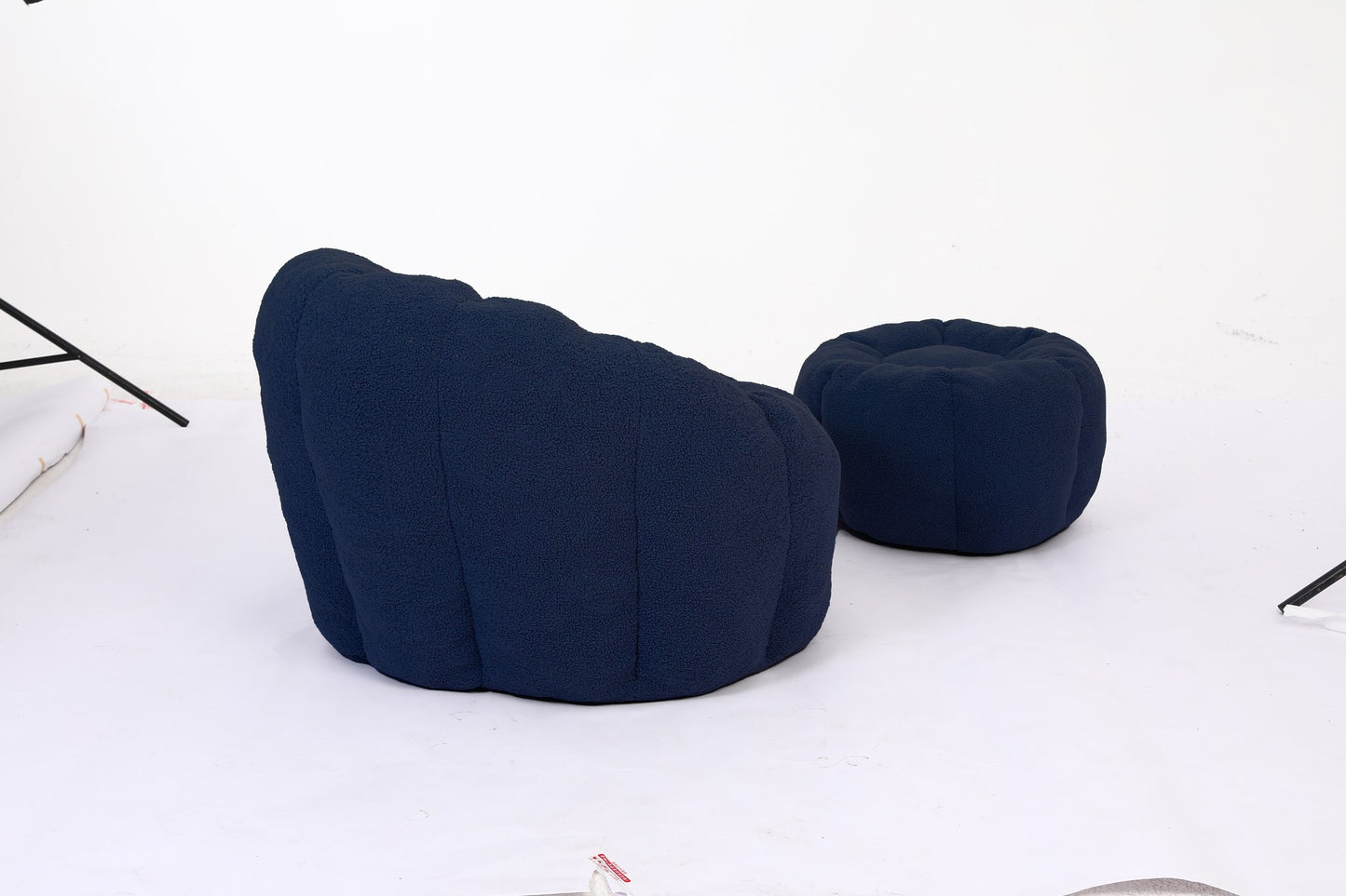 Navy teddy fleece accent chair and ottoman from behind on a plain white floor — Dark Blue / 1-Seat + 1 Ottoman