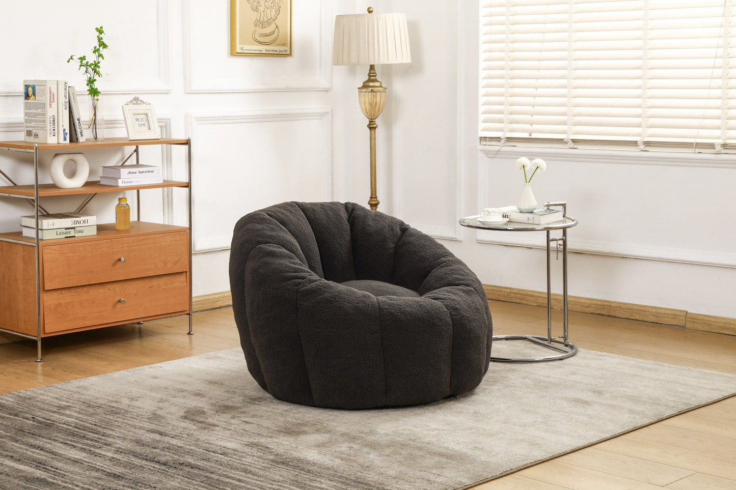 Charcoal teddy fleece boneless accent chair on a rug in a bright living room — Dark Gray / 1-Seat