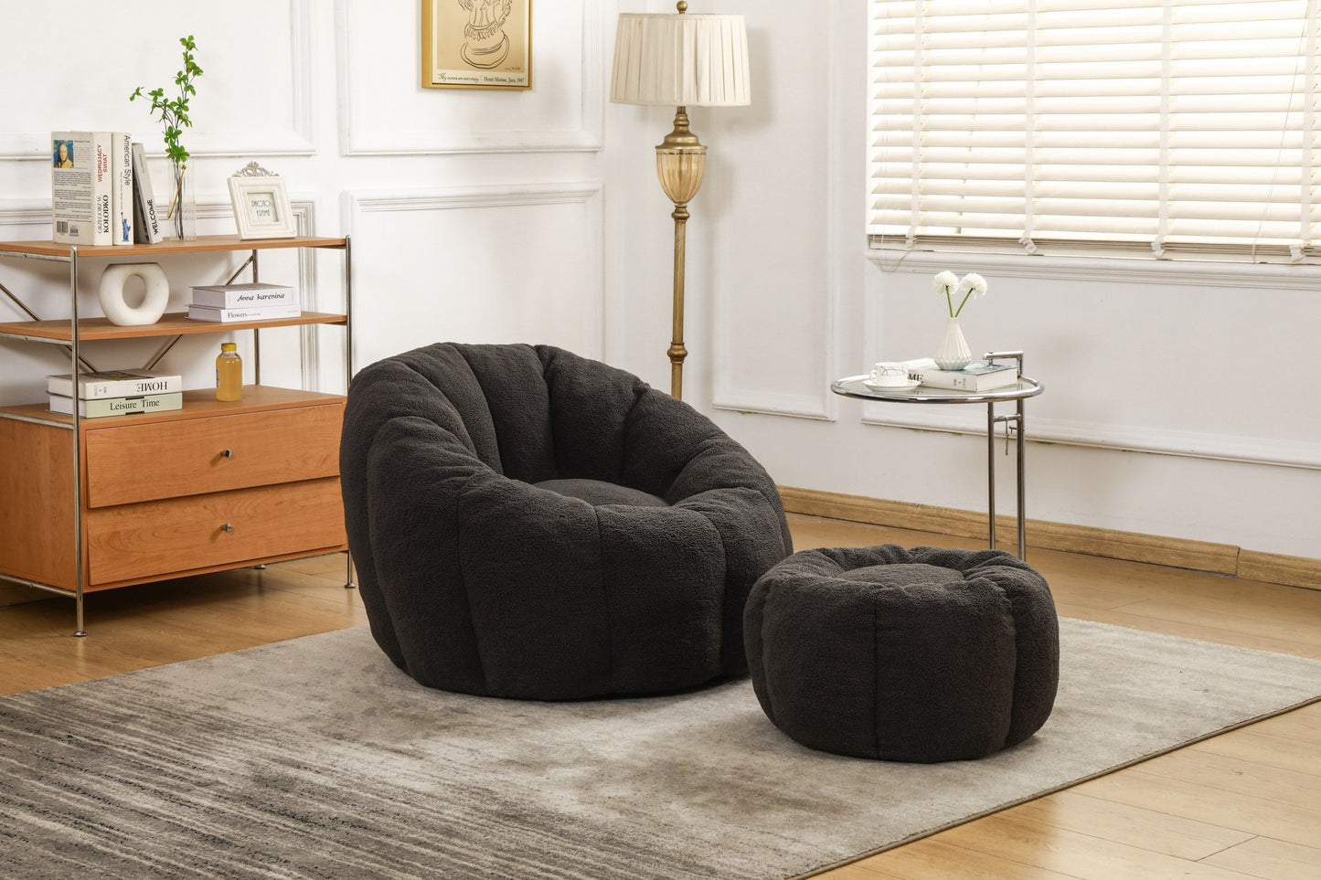 Charcoal teddy fleece boneless accent chair with matching ottoman beside a wooden sideboard — Dark Gray / 1-Seat + 1 Ottoman