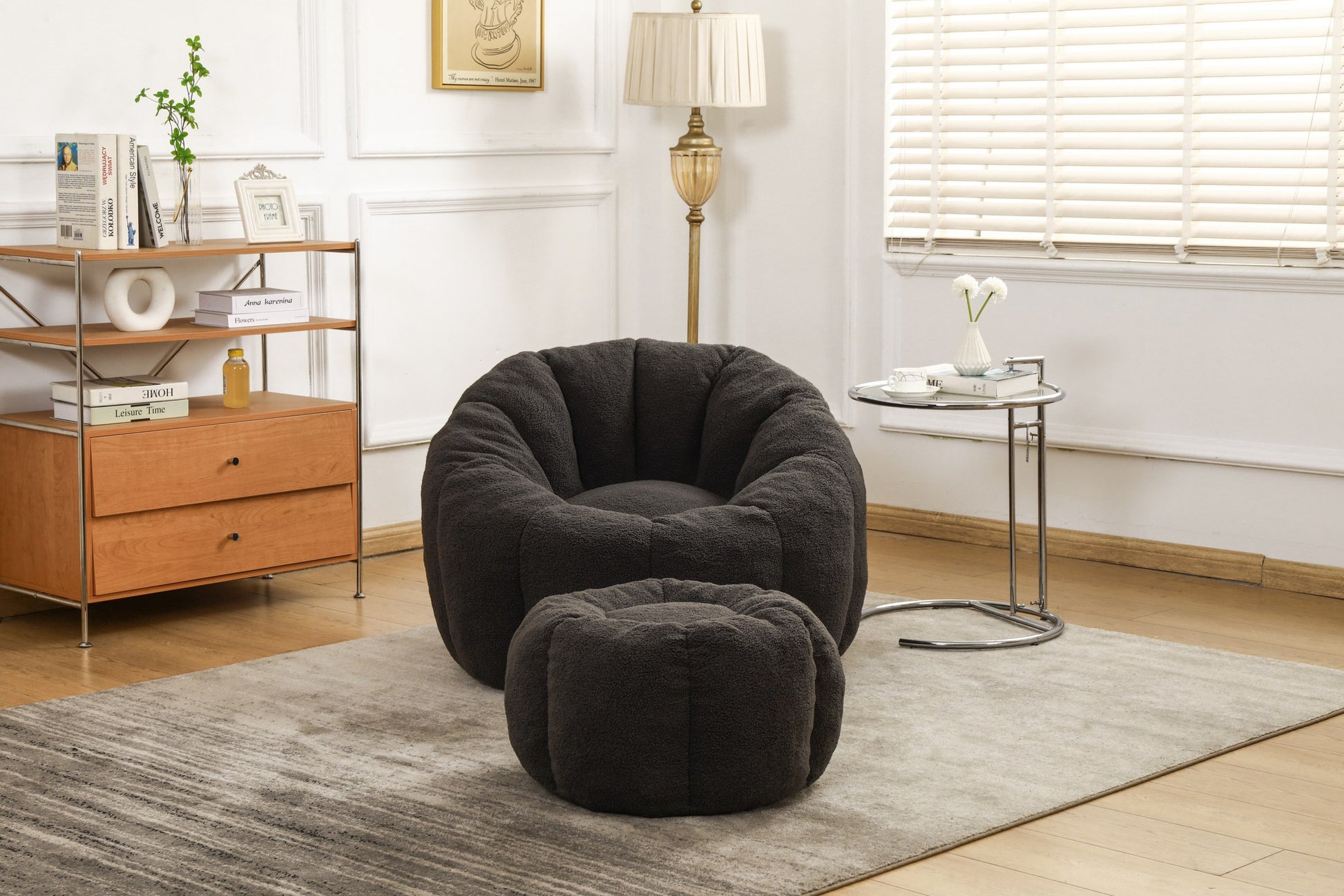 Charcoal teddy fleece accent chair and ottoman seen from the side on a grey rug — Dark Gray / 1-Seat + 1 Ottoman
