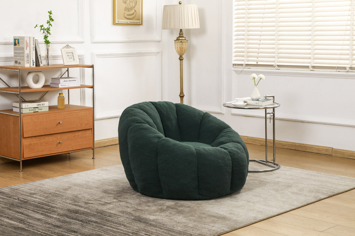 Forest green teddy fleece boneless accent chair on a rug in a bright living room — Green / 1-Seat