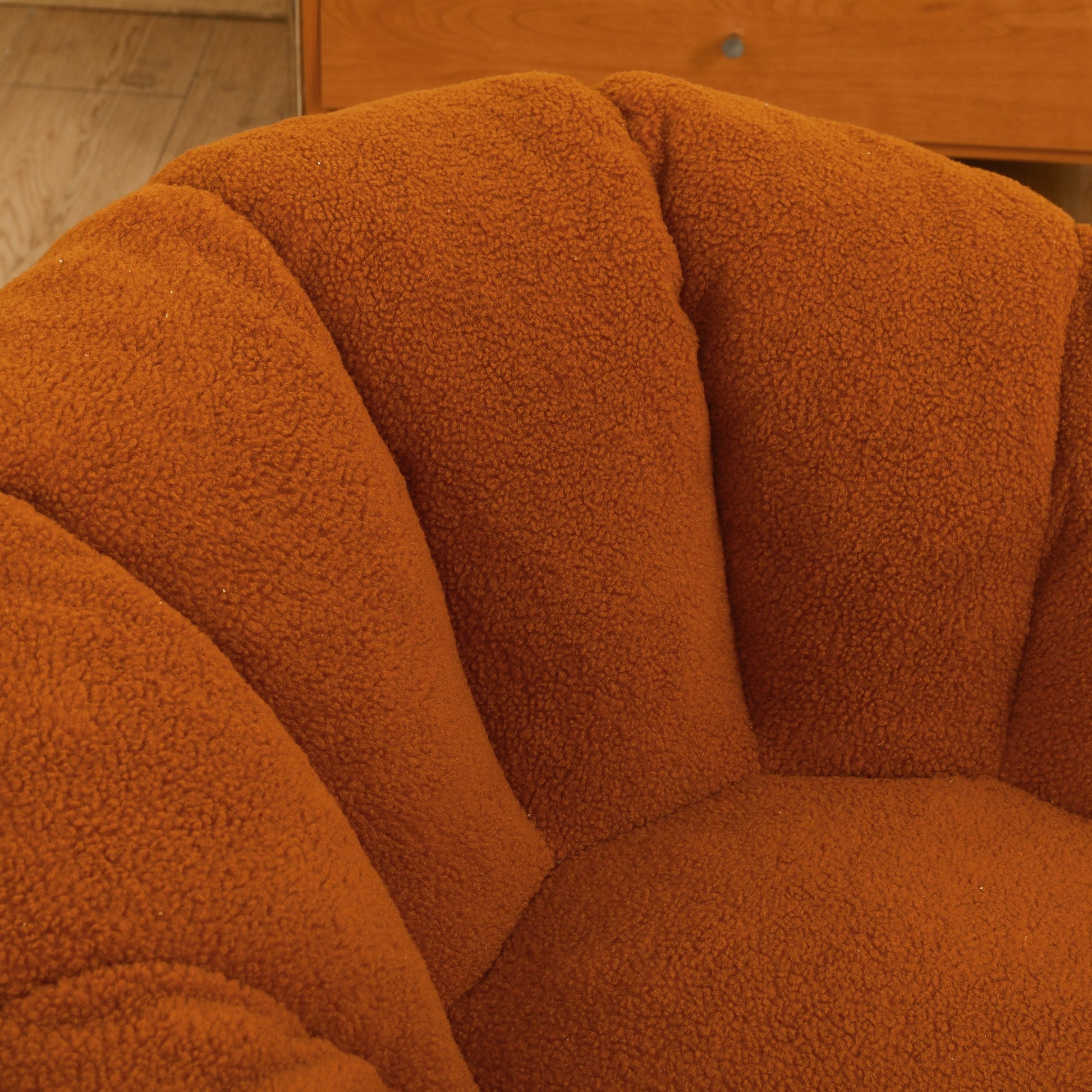 Close-up of the burnt orange teddy fleece backrest and channel tufting — Burnt Orange / 1-Seat