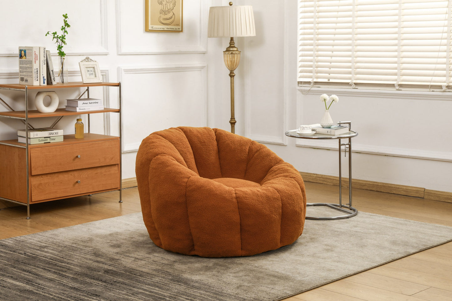 Burnt orange teddy fleece boneless accent chair on a rug in a bright living room — Burnt Orange / 1-Seat