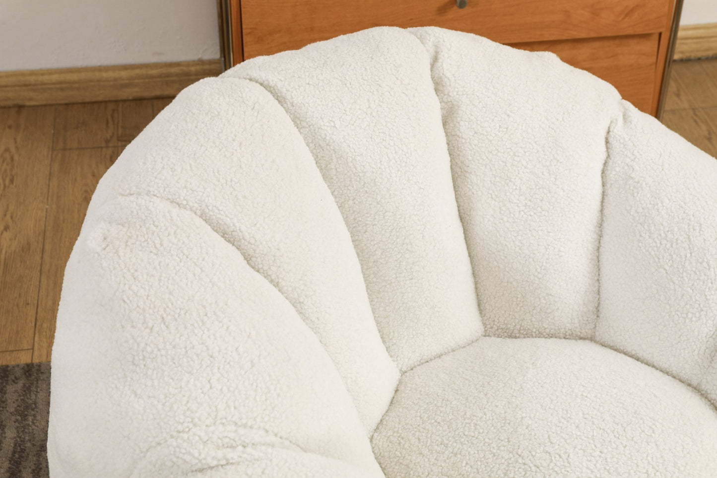 Close-up of the white teddy fleece backrest and channel tufting — White / 1-Seat + 1 Ottoman