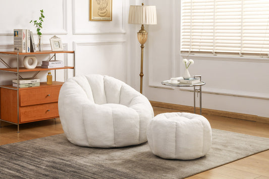 White teddy fleece boneless accent chair with matching ottoman in a bright living room — White / 1-Seat + 1 Ottoman