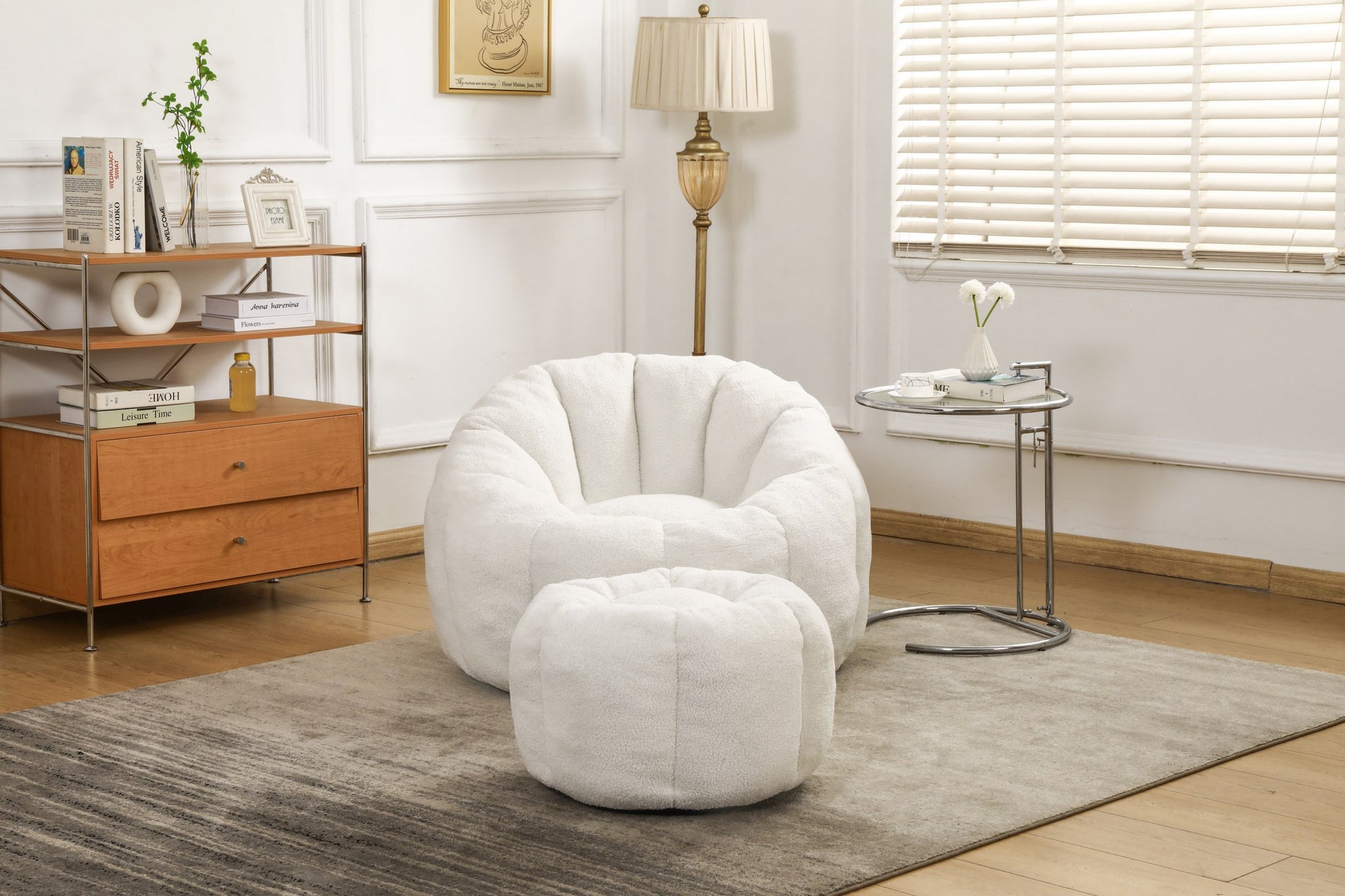 White teddy fleece accent chair and ottoman seen from the side on a grey rug — White / 1-Seat + 1 Ottoman