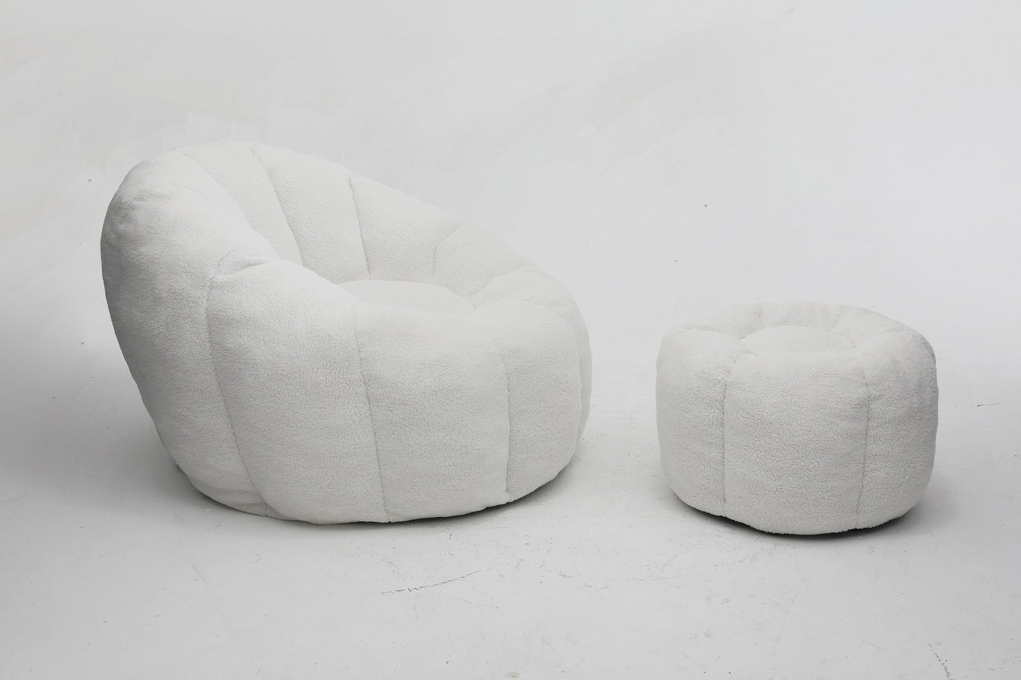 White teddy fleece accent chair and ottoman from the side on a plain white floor — White / 1-Seat + 1 Ottoman