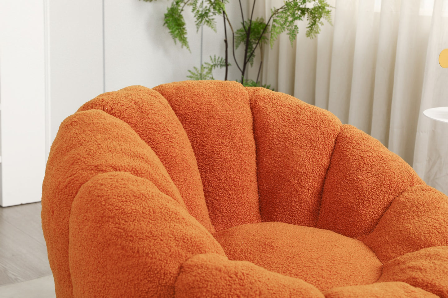 Close-up of the pumpkin orange teddy fleece backrest and channel tufting — Pumpkin Orange / 1-Seat + 1 Ottoman