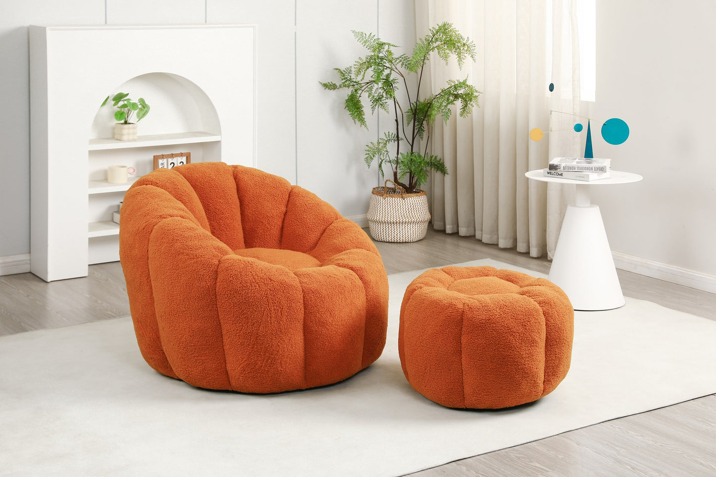 Pumpkin orange teddy fleece boneless accent chair with matching ottoman in a bright living room — Pumpkin Orange / 1-Seat + 1 Ottoman