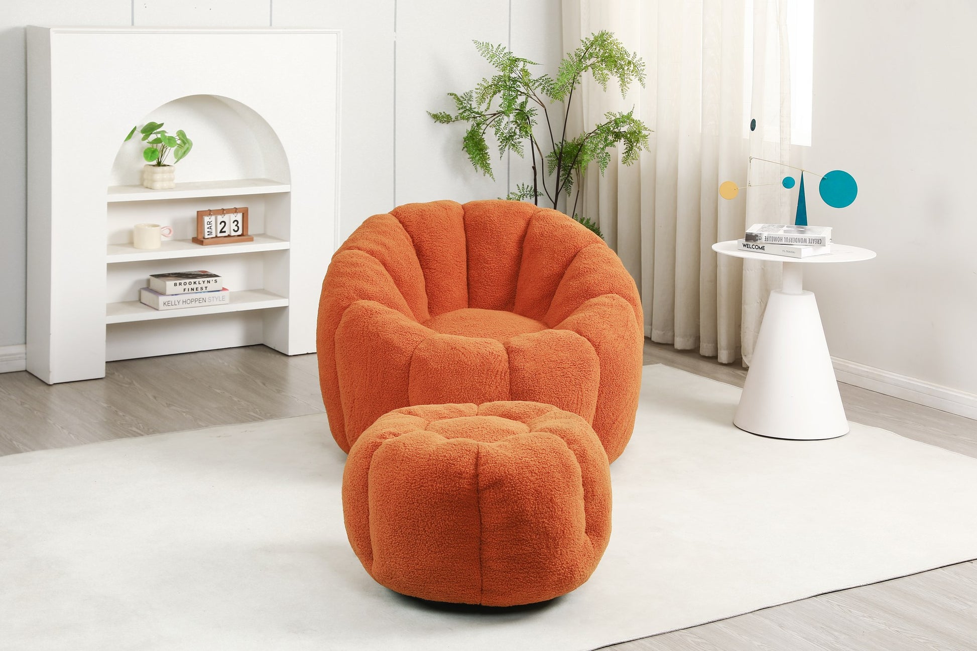 Pumpkin orange teddy fleece accent chair and ottoman on a cream rug — Pumpkin Orange / 1-Seat + 1 Ottoman