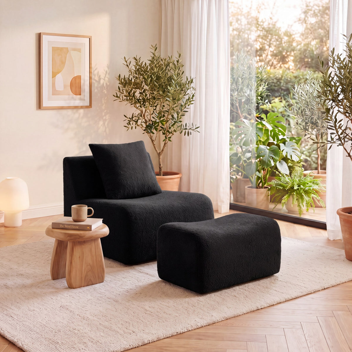 Black teddy fleece boneless sofa, 1-seat with one ottoman set, angled view in a sunlit room — Black / 1-Seat + 1 Ottoman