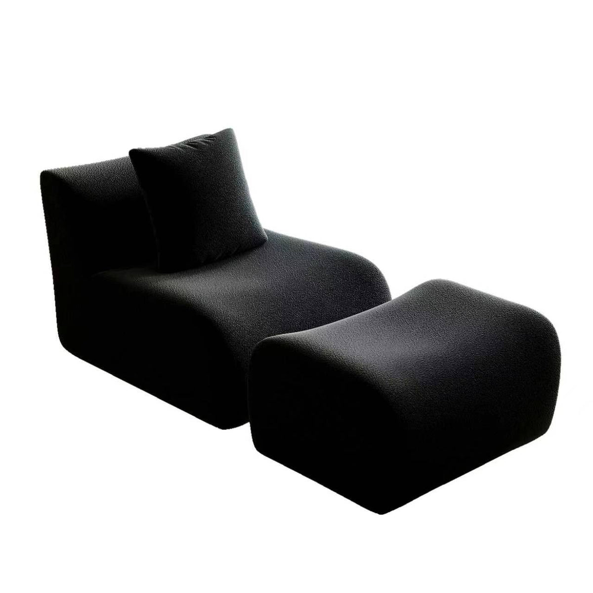 Black teddy fleece boneless sofa, 1-seat with one ottoman set, 45 degree view on a white background — Black / 1-Seat + 1 Ottoman