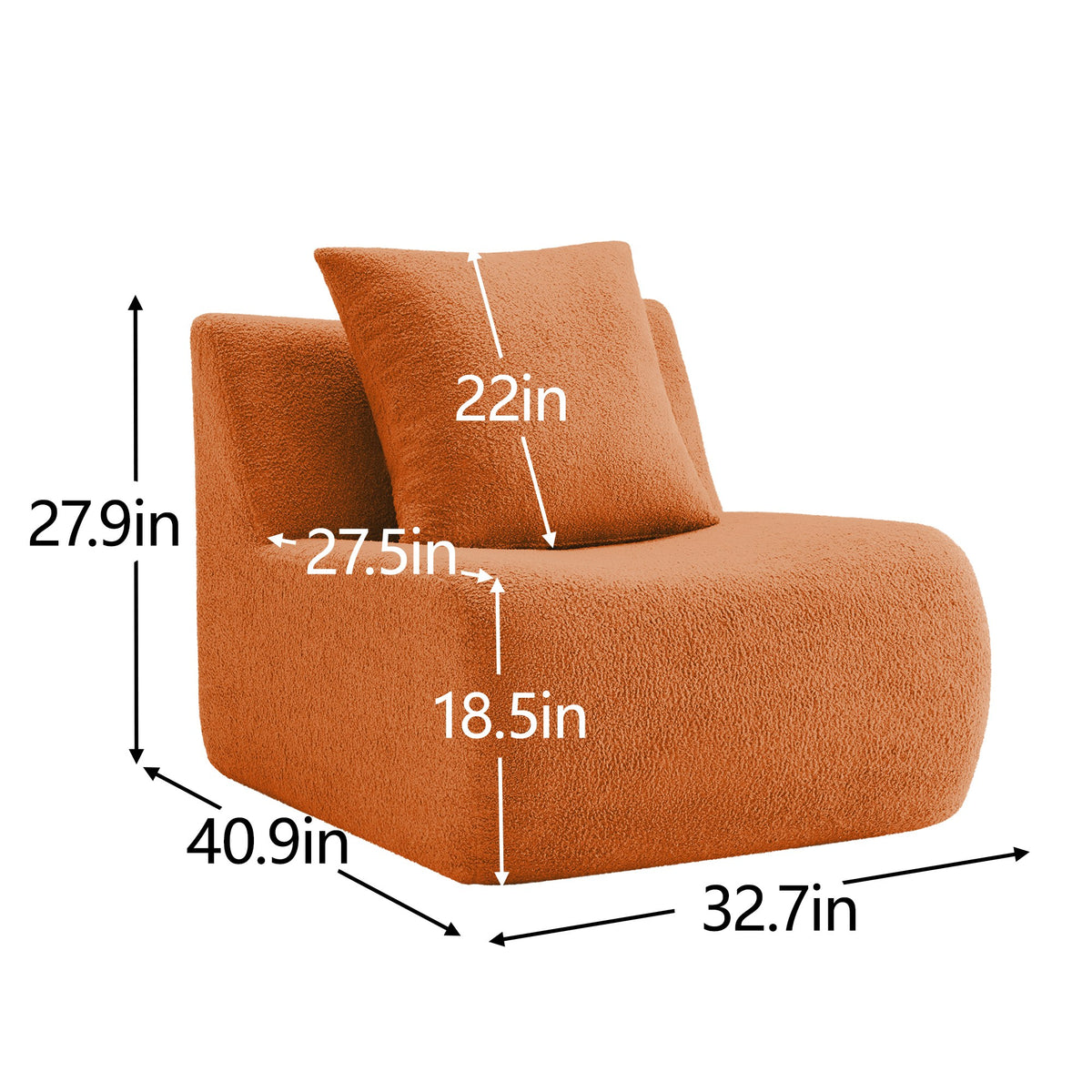 Seat dimensions for the Orange teddy fleece boneless sofa, 1-seat with one ottoman set — dimensions — Orange / 1-Seat + 1 Ottoman