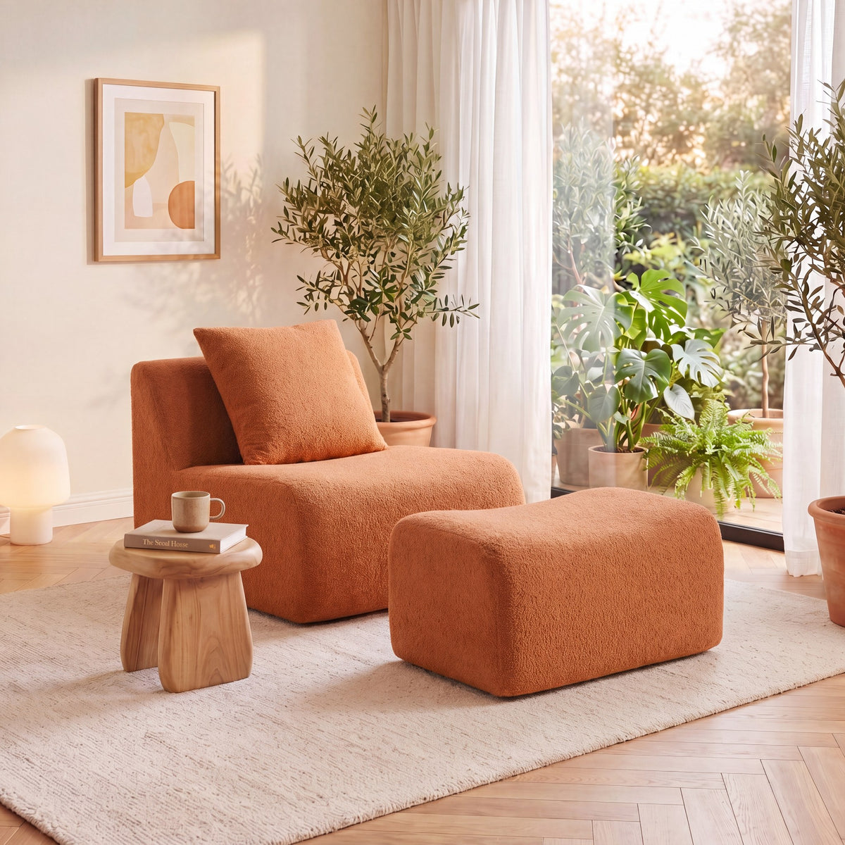 Orange teddy fleece boneless sofa, 1-seat with one ottoman set, angled view in a sunlit room — Orange / 1-Seat + 1 Ottoman