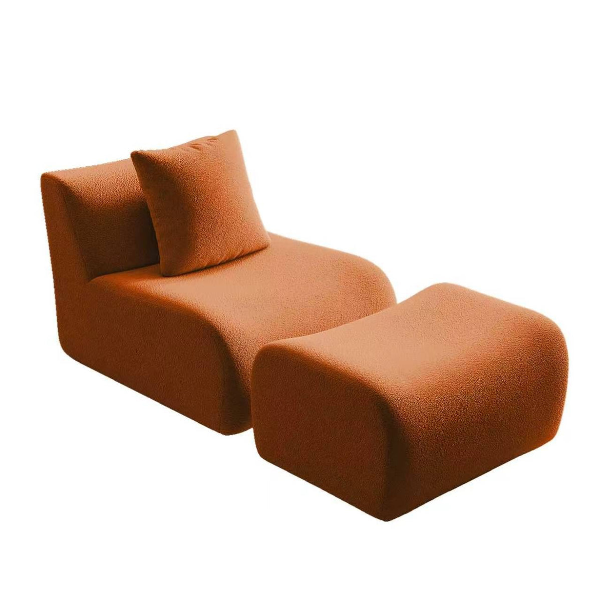 Orange teddy fleece boneless sofa, 1-seat with one ottoman set, 45 degree view on a white background — Orange / 1-Seat + 1 Ottoman